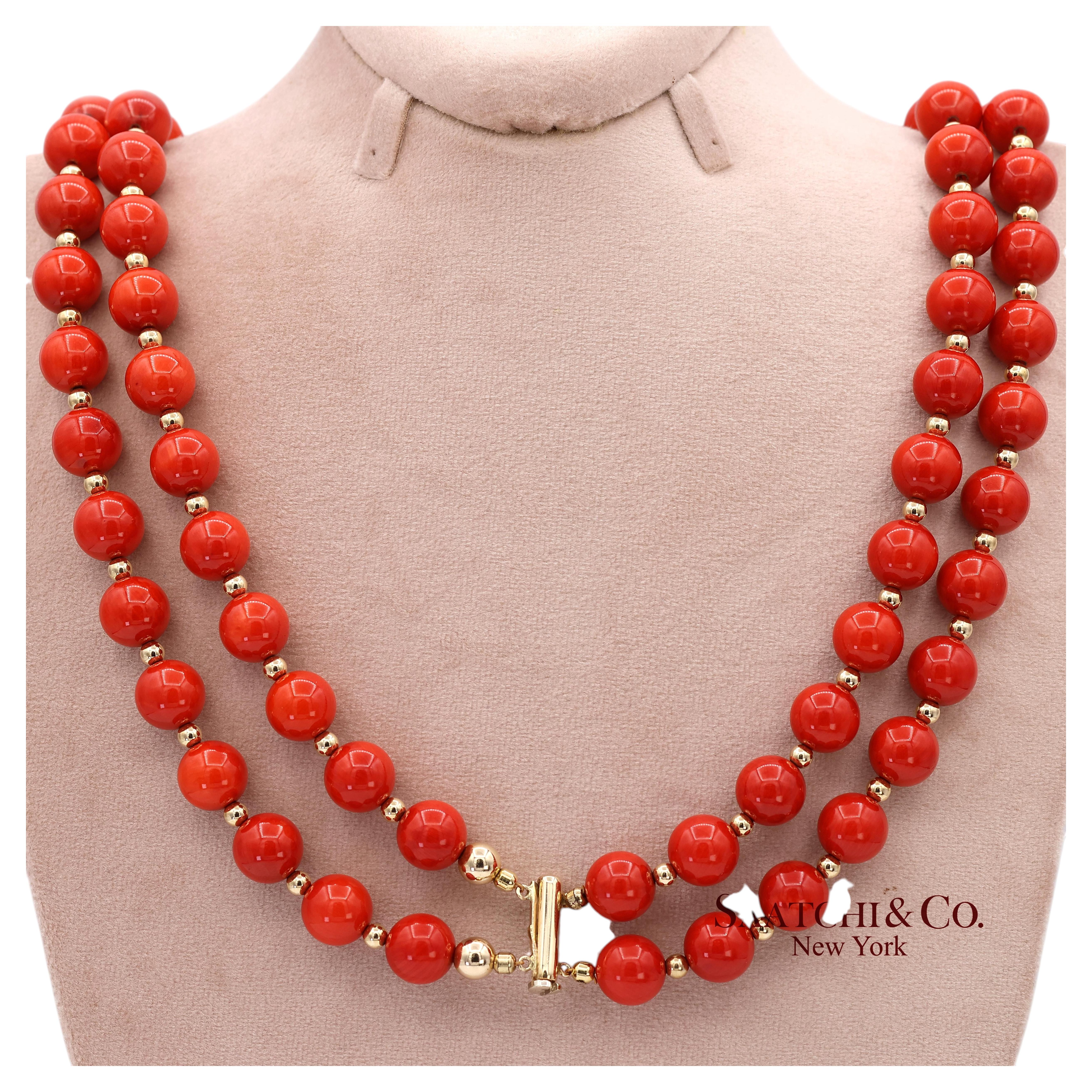 14K 585 Solid Yellow Gold Coral Necklace For Sale