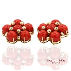 14K 585 Solid Yellow Gold Coral Omega Earrings