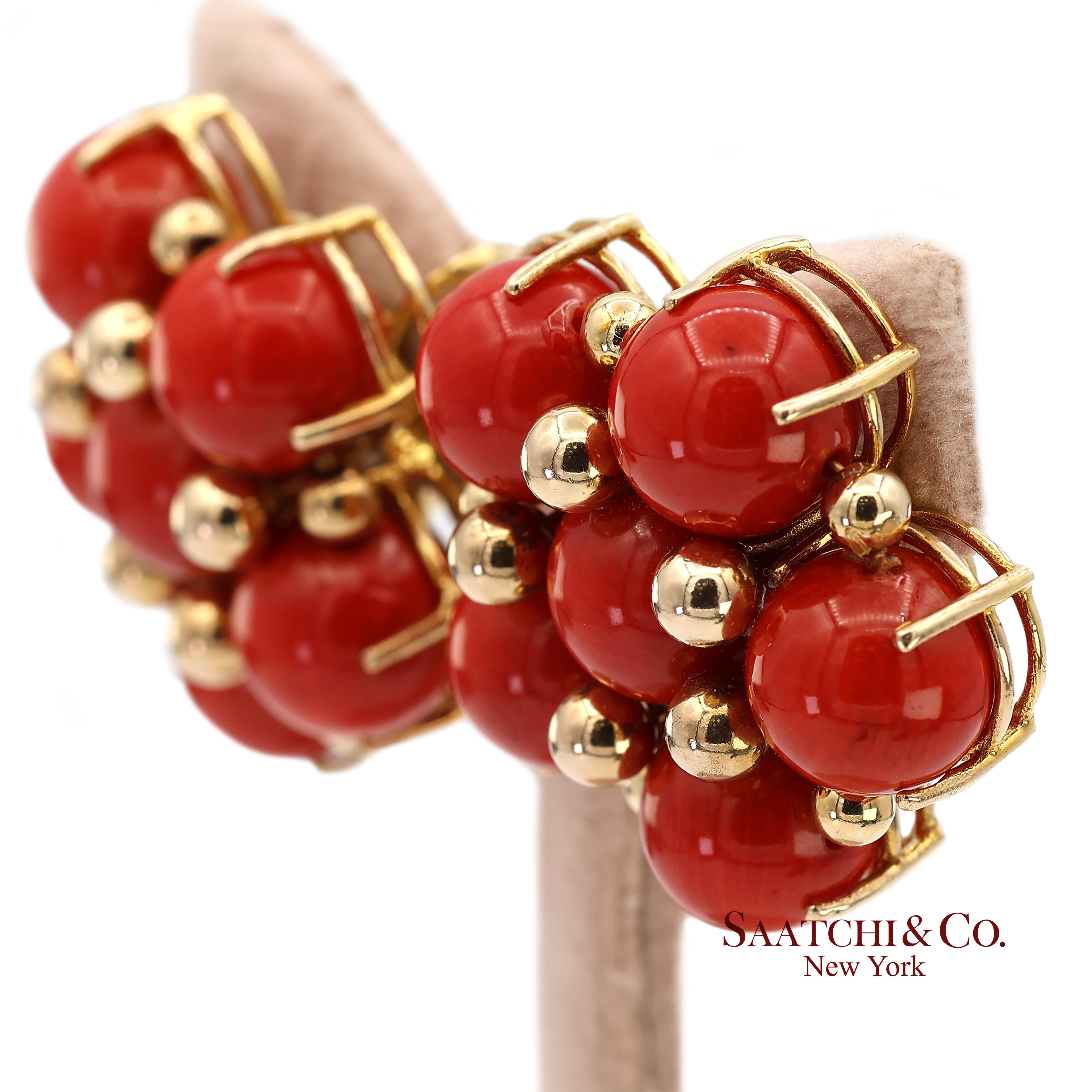 14K 585 Solid Yellow Gold Coral Omega Earrings For Sale 4