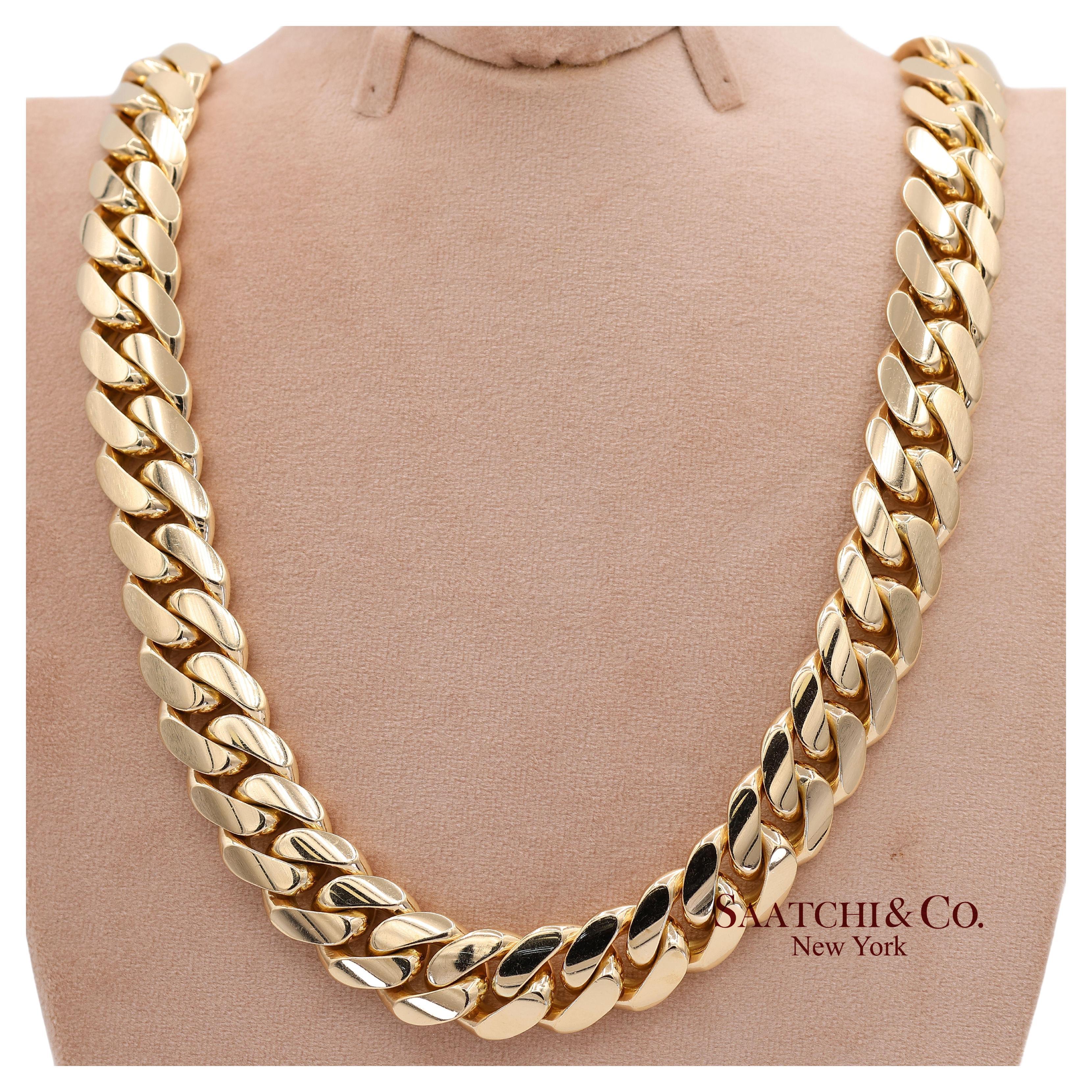 14K 585 Solid Yellow Gold Cuban Link Chain Necklace For Sale