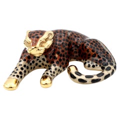 14K 585 Solid Yellow Gold Enamel Leopard Pendant Necklace