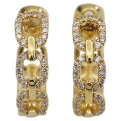 14K 585 Solid Yellow Gold Natural Diamond Link Chain Huggies Earrings