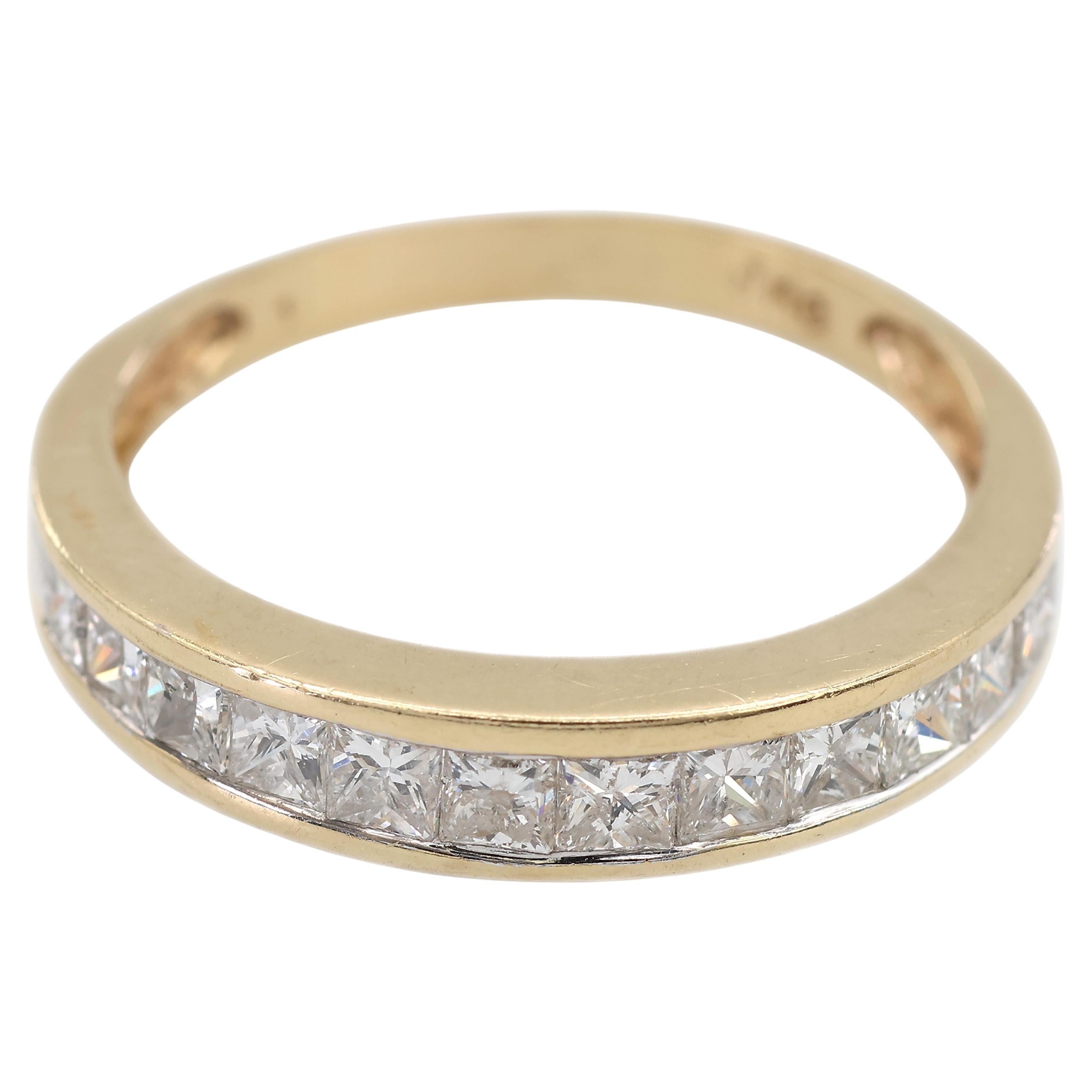 14K 585 Solid Yellow Gold Princess Cut Natural Diamond Band Ring