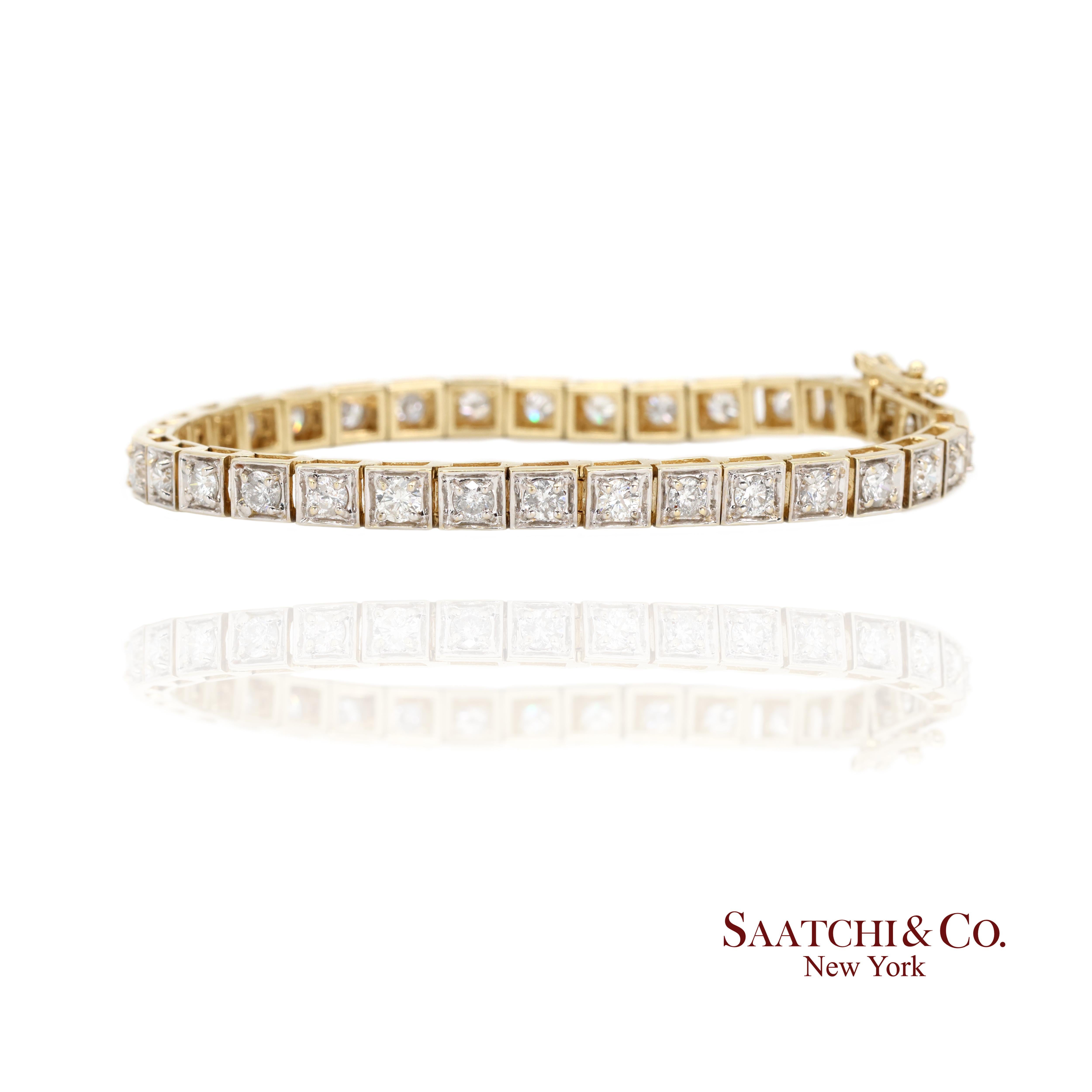 Contemporaneo Bracciale da tennis in oro giallo bianco e diamanti naturali 14k 585 bicolore da 7 pollici in vendita