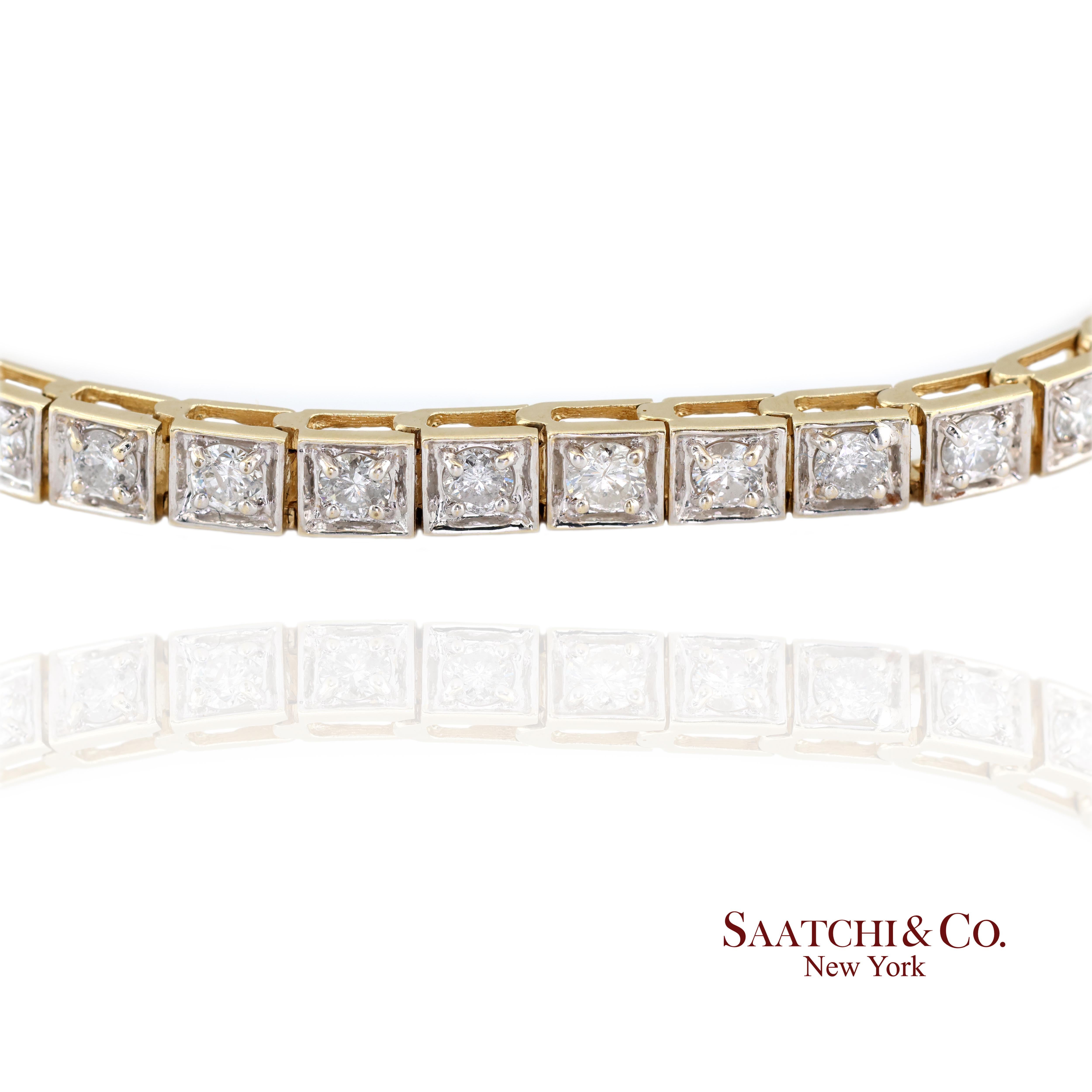 Bracciale da tennis in oro giallo bianco e diamanti naturali 14k 585 bicolore da 7 pollici In condizioni ottime in vendita a New York, NY