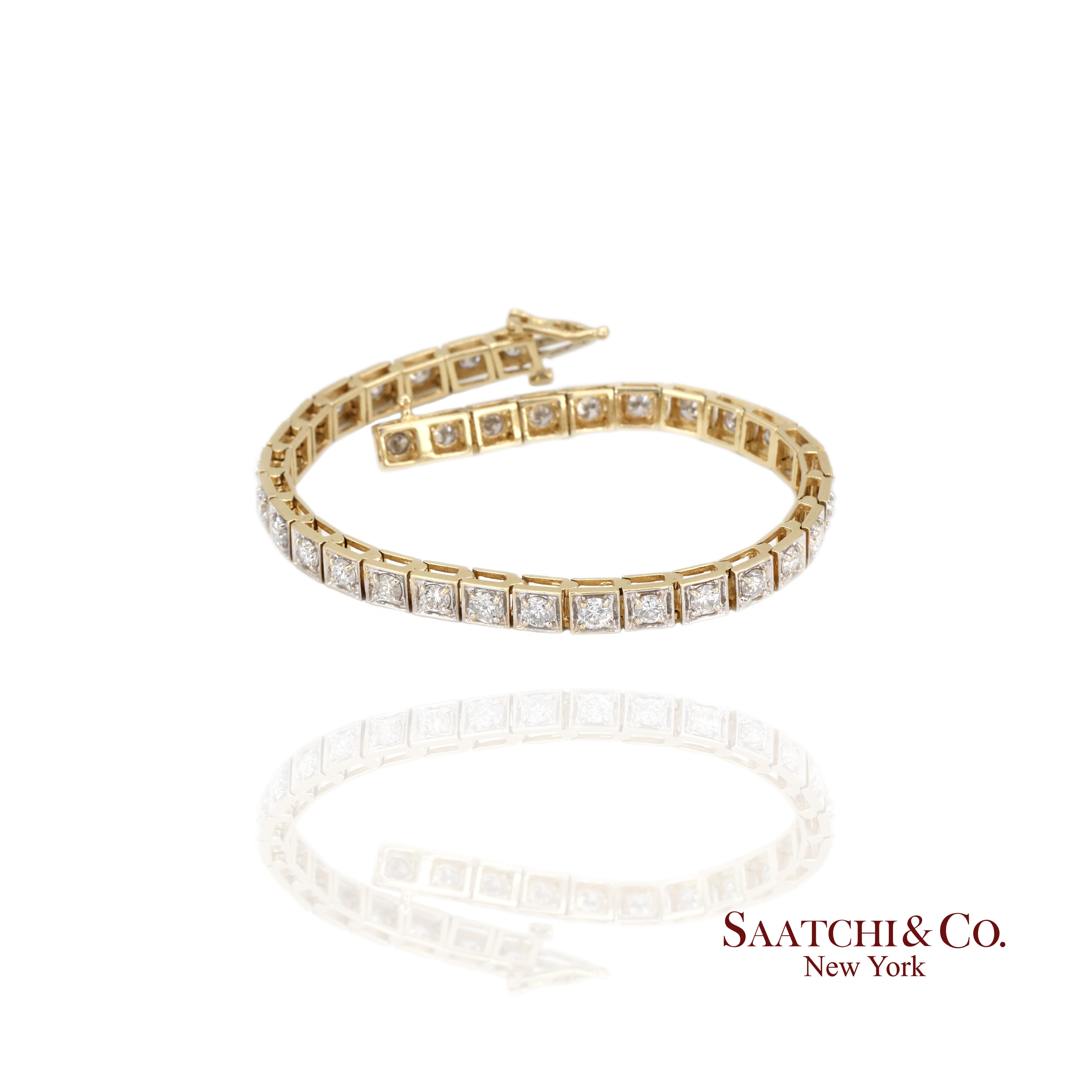 Bracciale da tennis in oro giallo bianco e diamanti naturali 14k 585 bicolore da 7 pollici in vendita 3