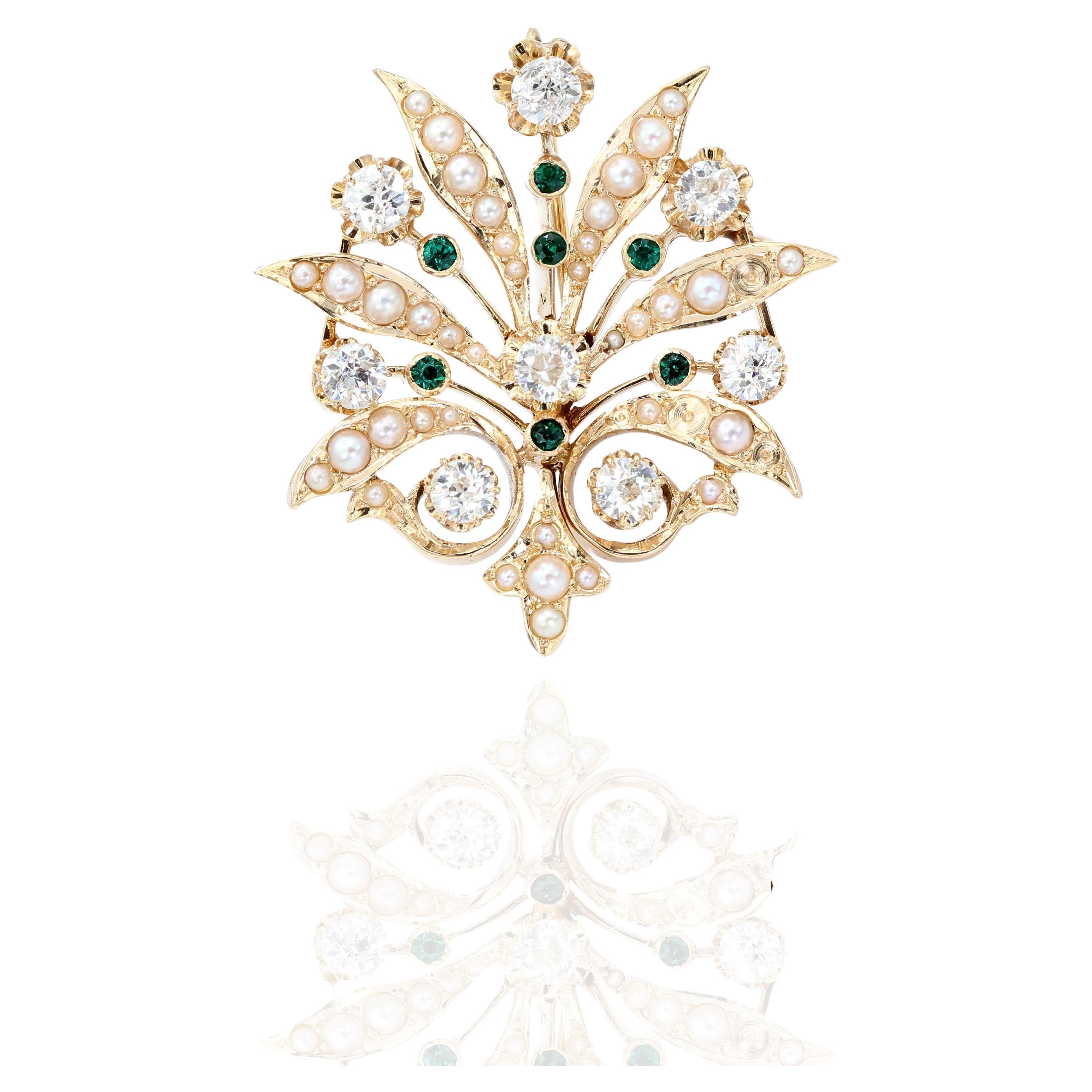 Broche / Colgante 14k 585 Vintage Oro Amarillo Diamante Natural y Esmeralda