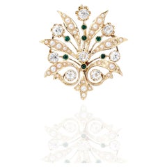 14k 585 Vintage Yellow Gold Natural Diamond and Emerald Brooch / Pendentif