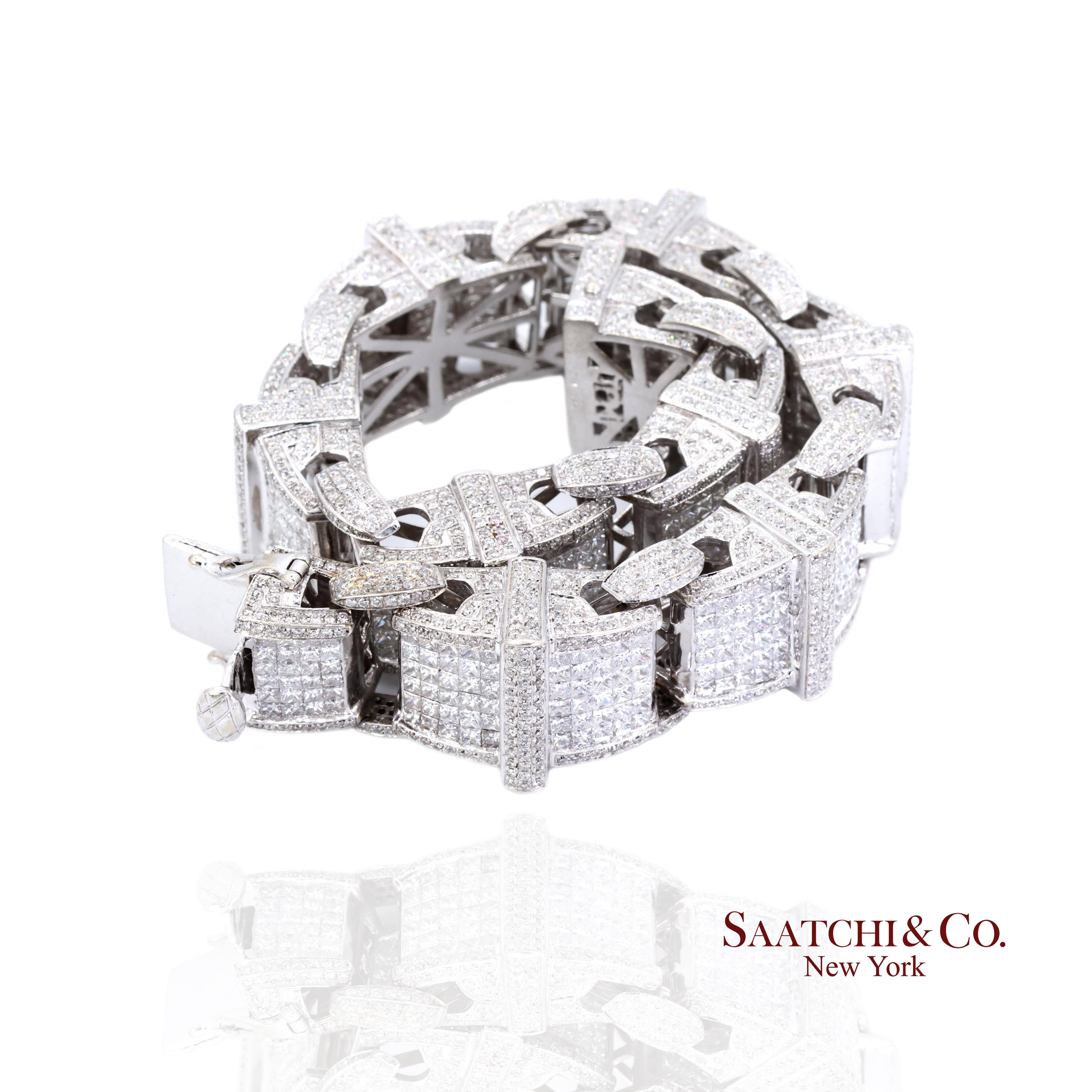 14K 585 Oro Blanco 102.5 Gramos Diamante Natural 14 Ct: Pulsera en Excelente estado para la venta en New York, NY