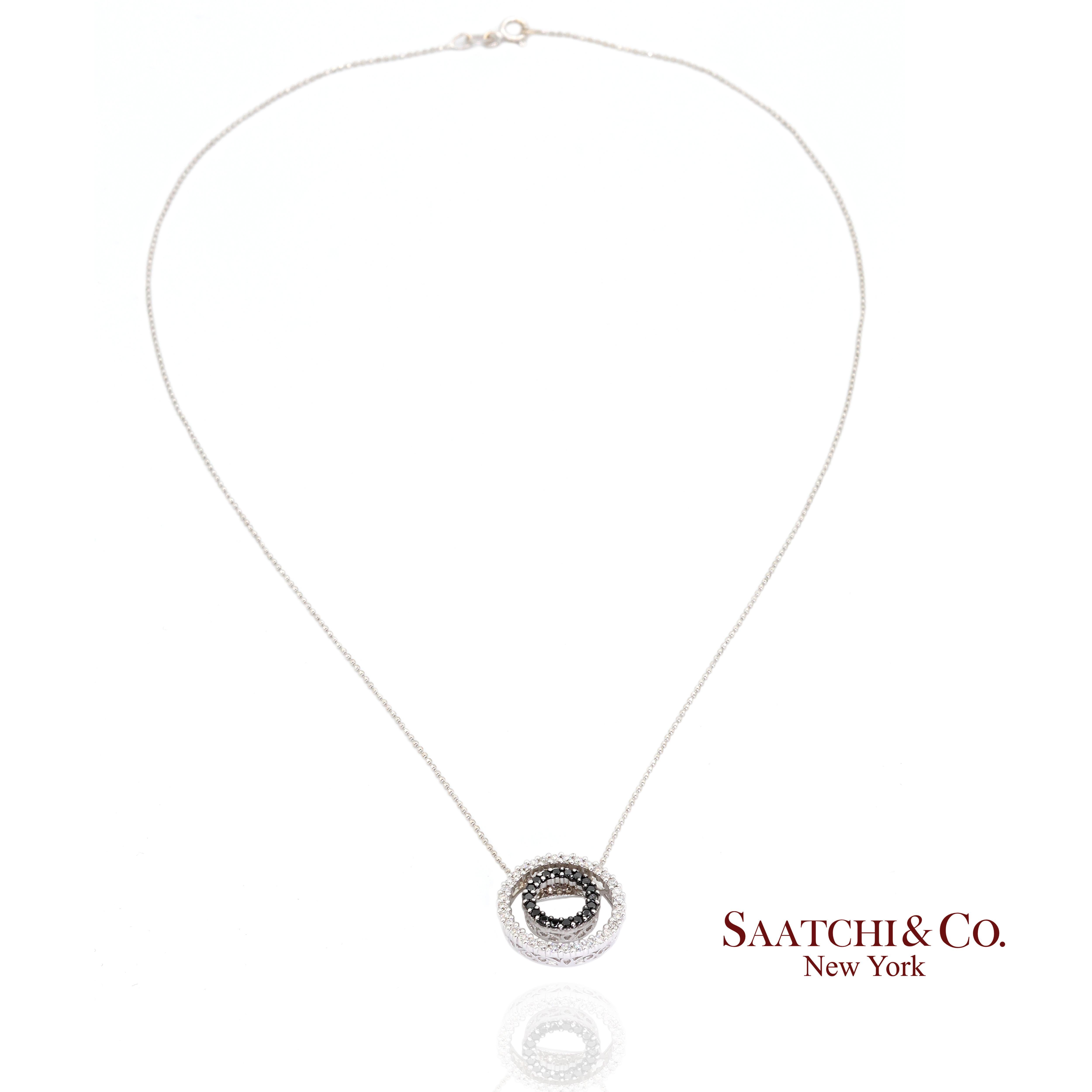 Contemporary 14K 585 White Gold Natural Black & White Diamond Pendant With Chain For Sale