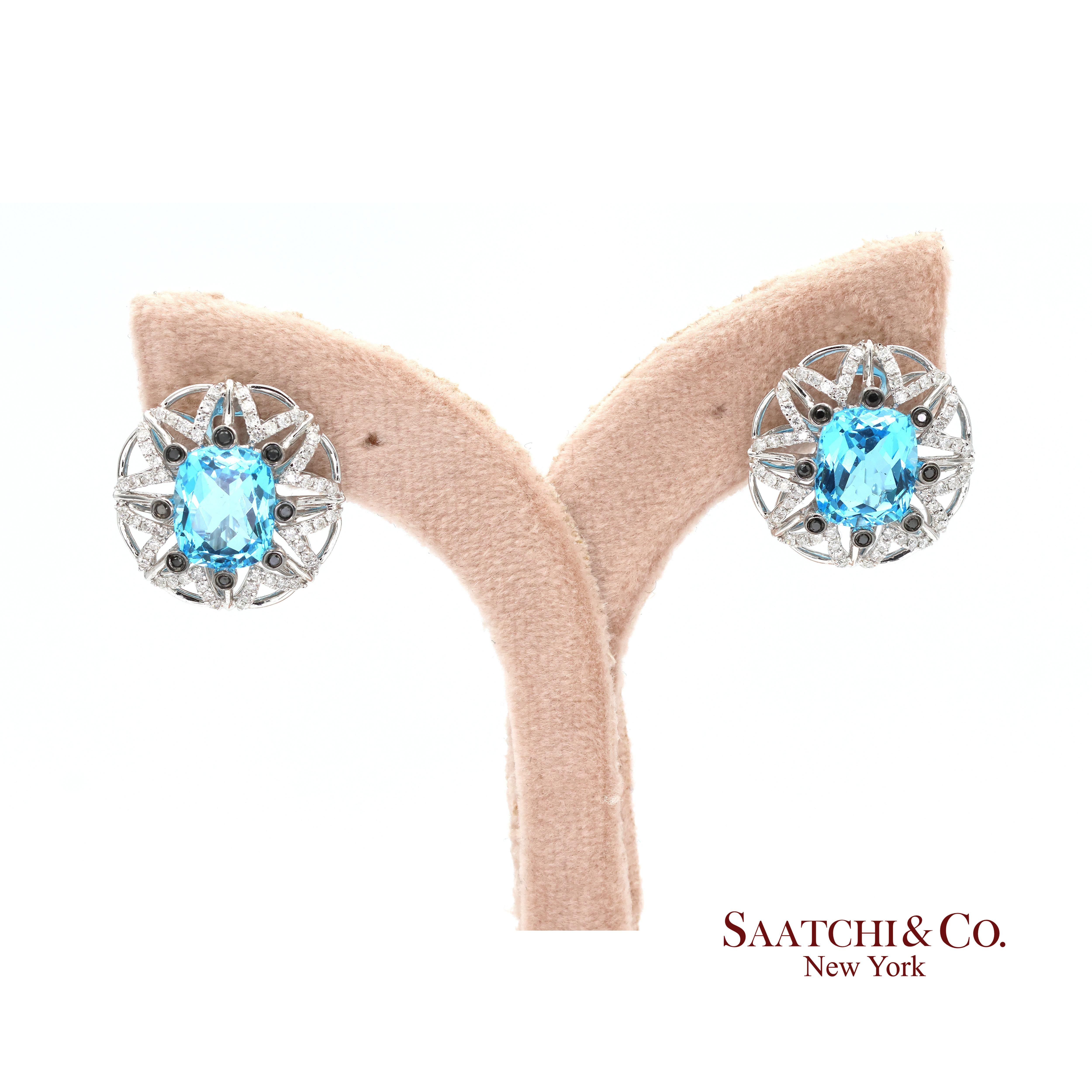 Contemporain Boucles d'oreilles en or blanc 14k 585 Topaze bleue naturelle et diamant en vente