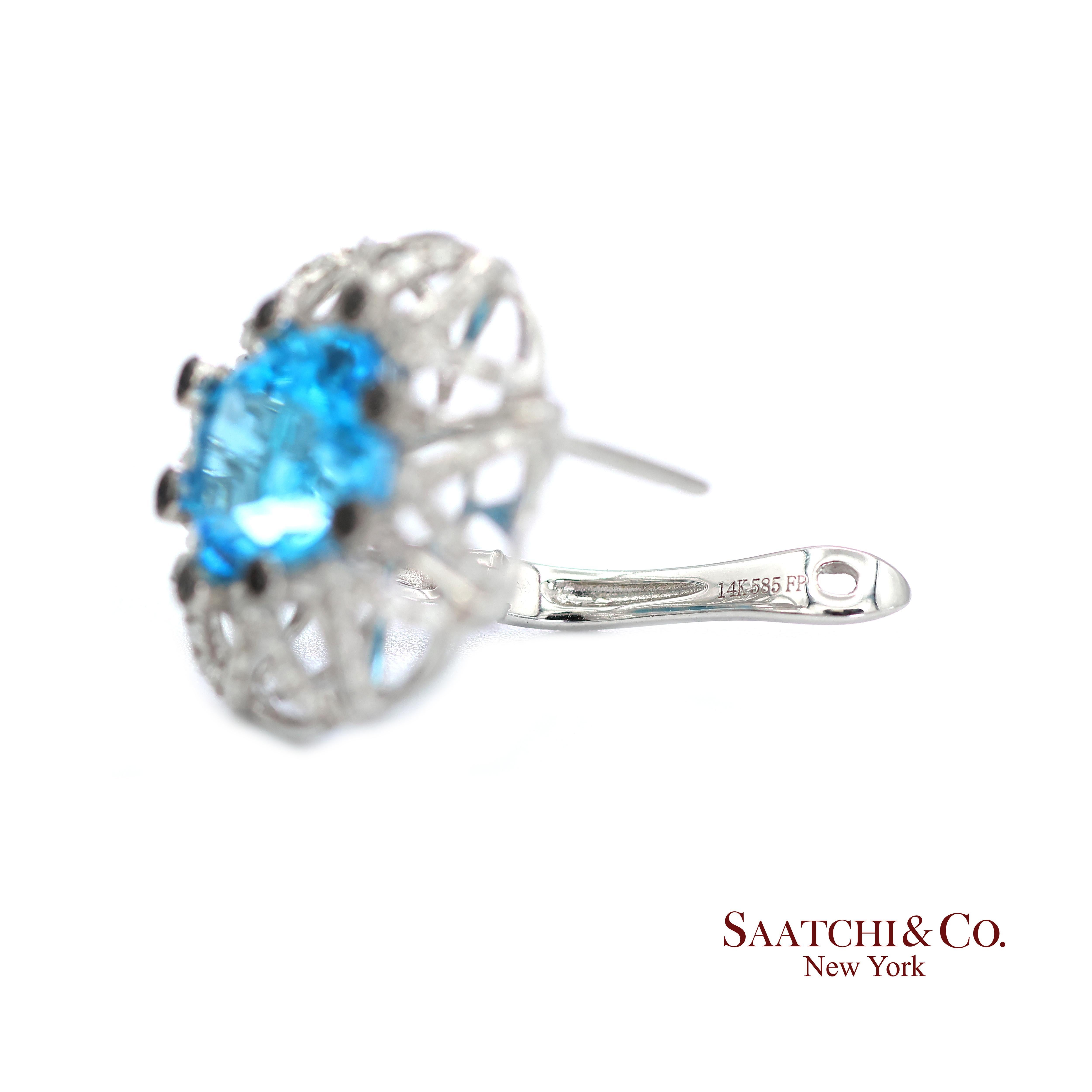 Boucles d'oreilles en or blanc 14k 585 Topaze bleue naturelle et diamant Unisexe en vente