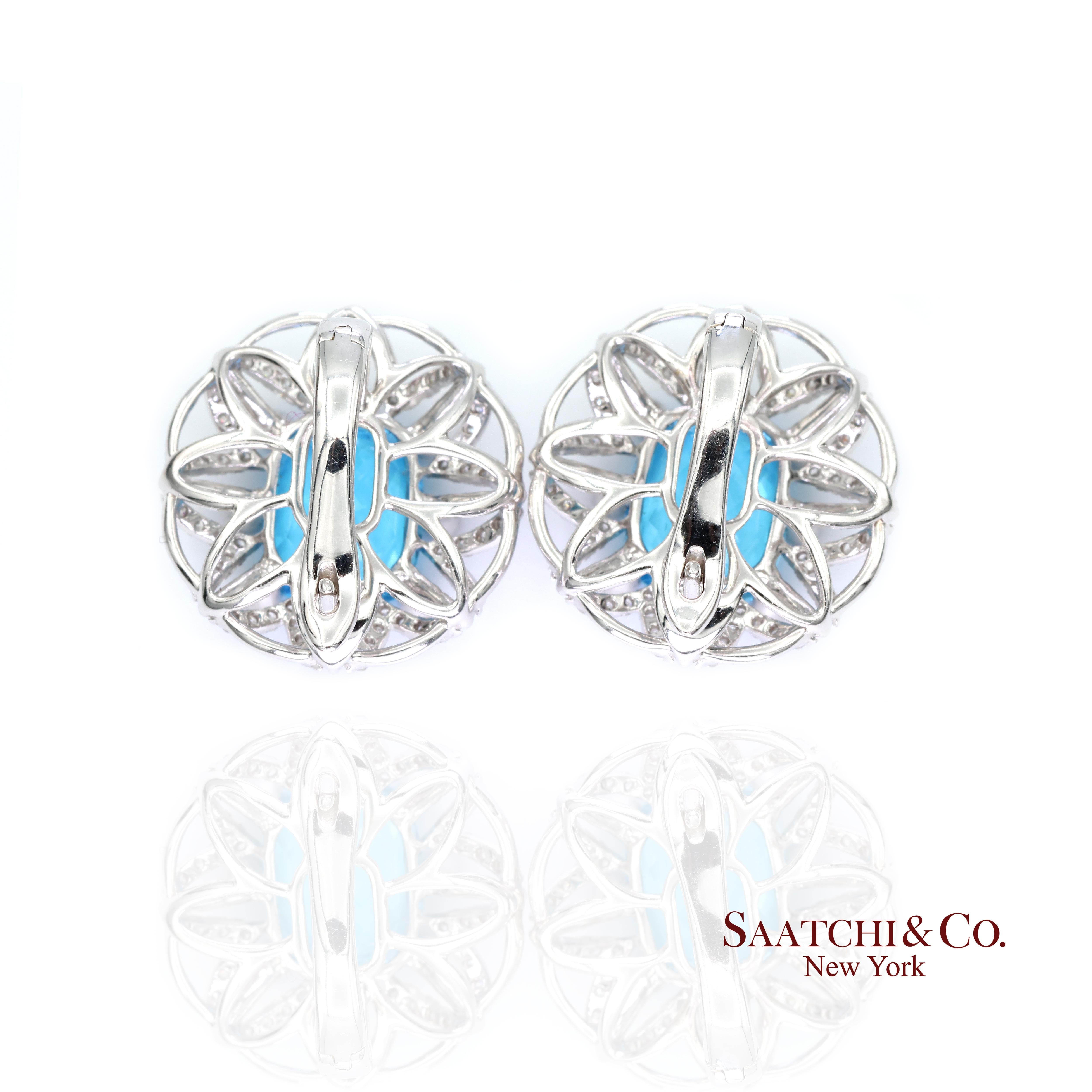 Boucles d'oreilles en or blanc 14k 585 Topaze bleue naturelle et diamant en vente 1