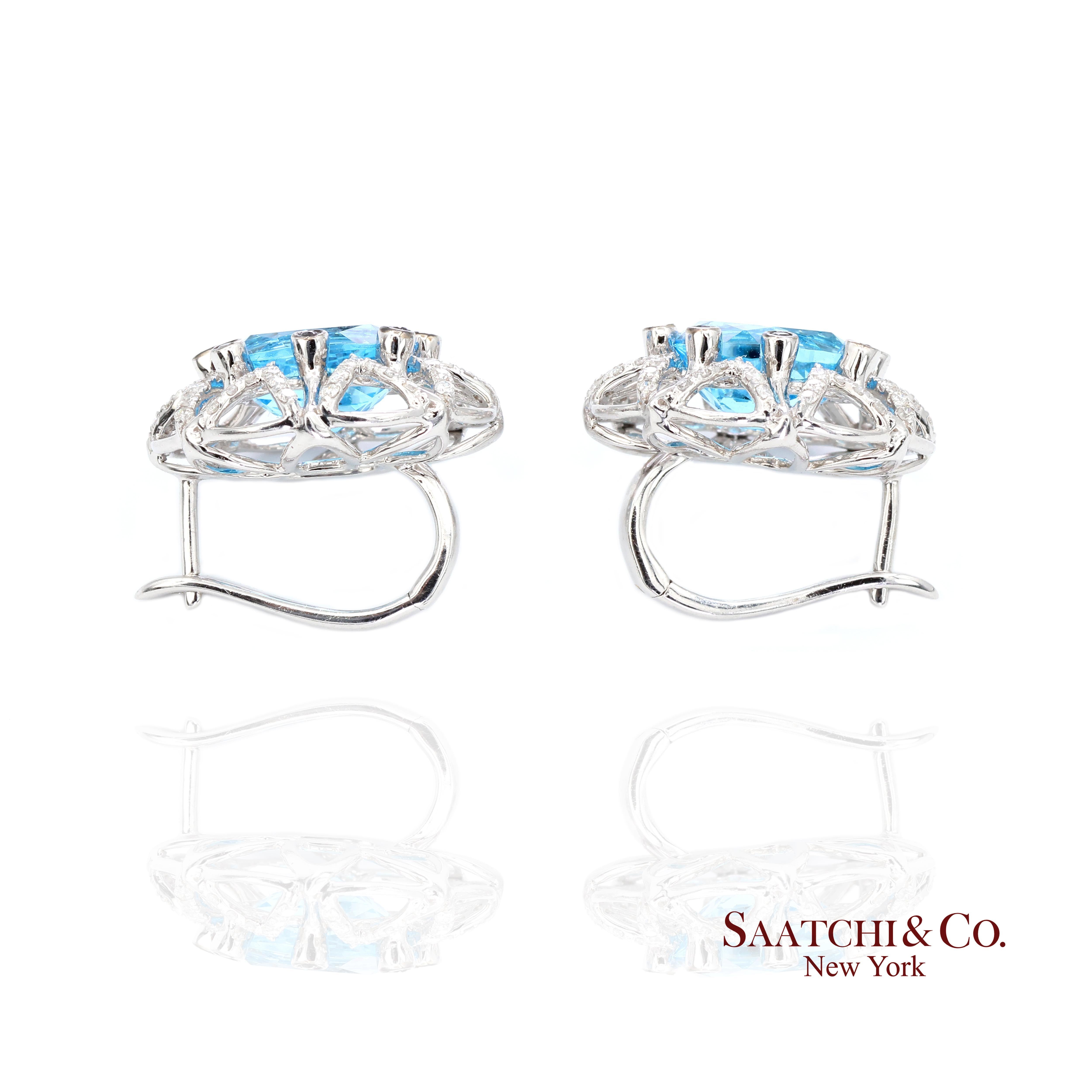 Boucles d'oreilles en or blanc 14k 585 Topaze bleue naturelle et diamant en vente 2