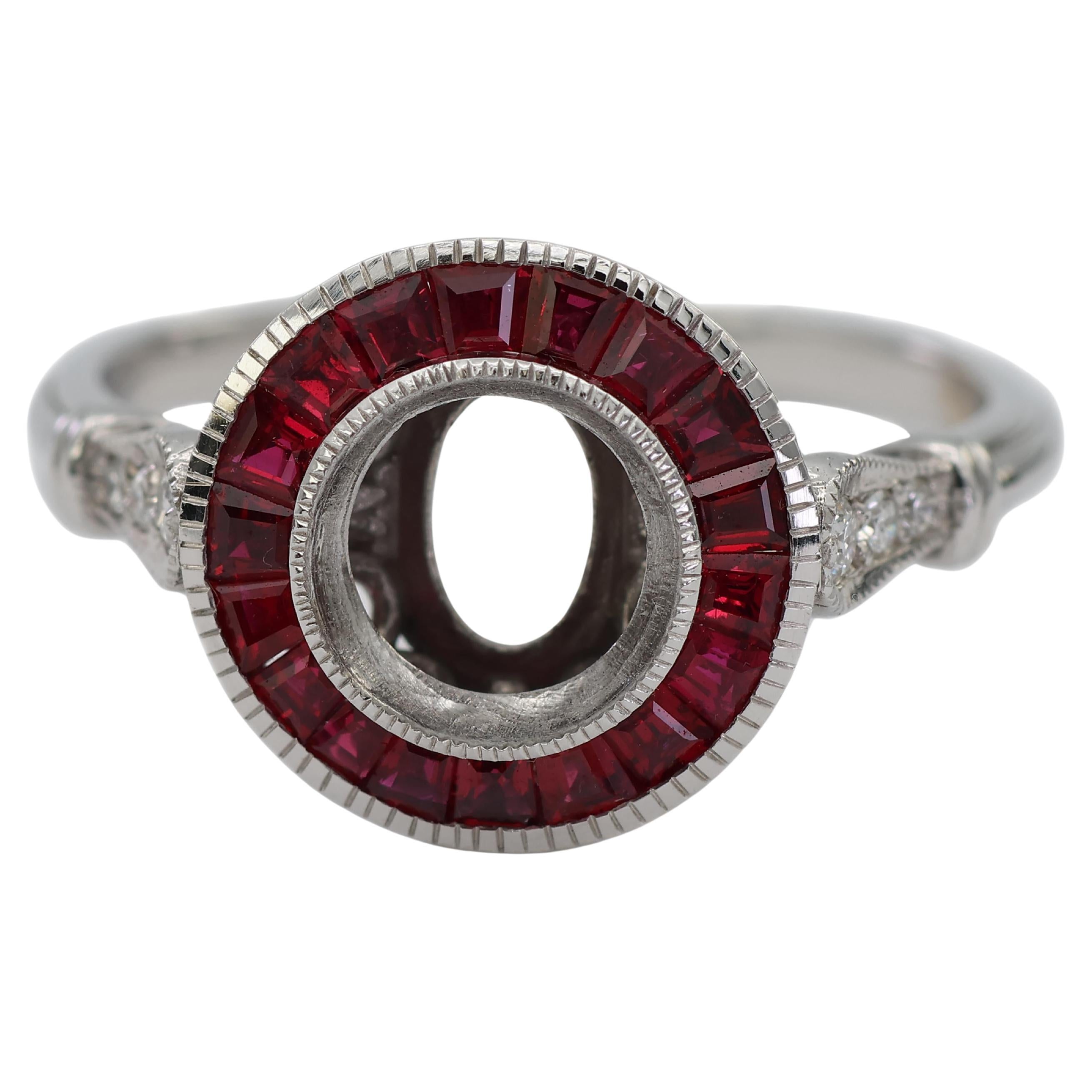 14K 585 White Gold Natural Brilliant Diamond Semi Mount Ruby Ring Size 7