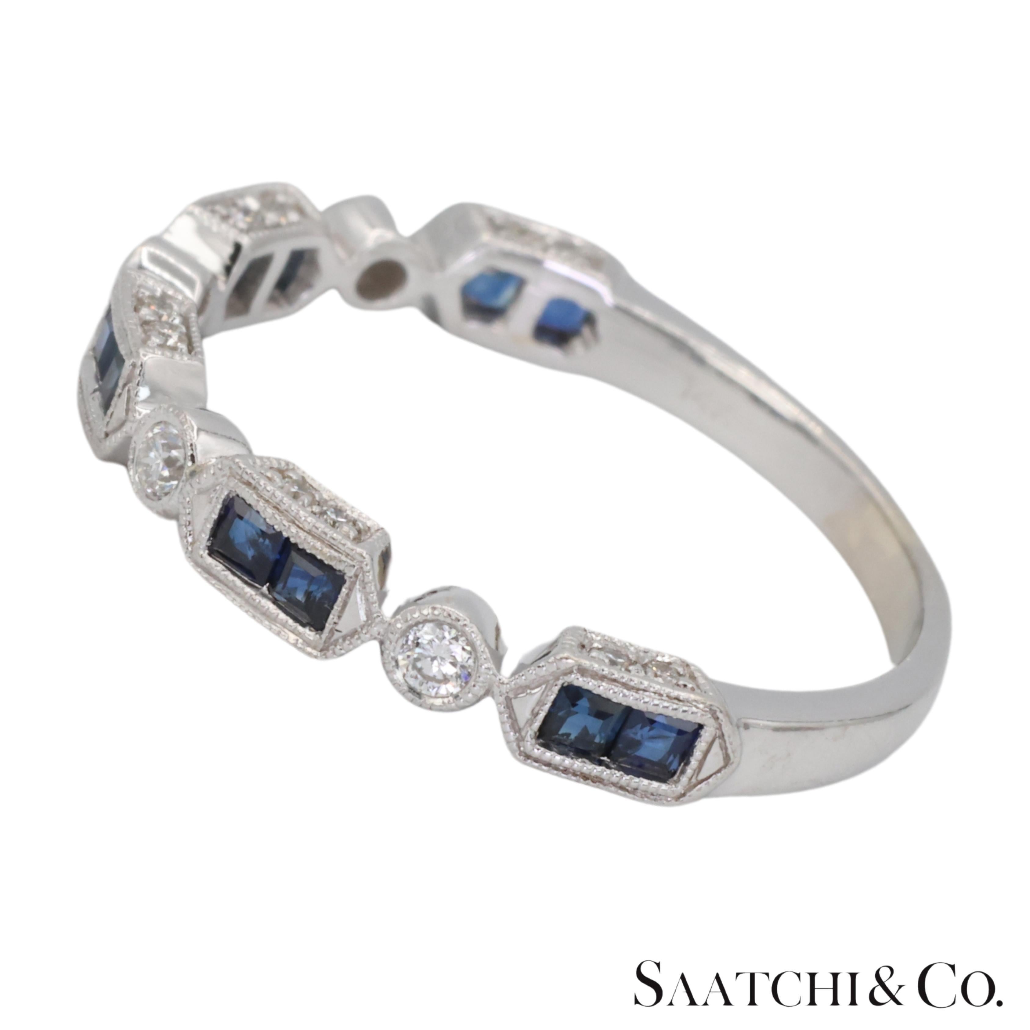 Contemporary 14k 585 White Gold Natural Diamond and Sapphire Band Size 8 For Sale
