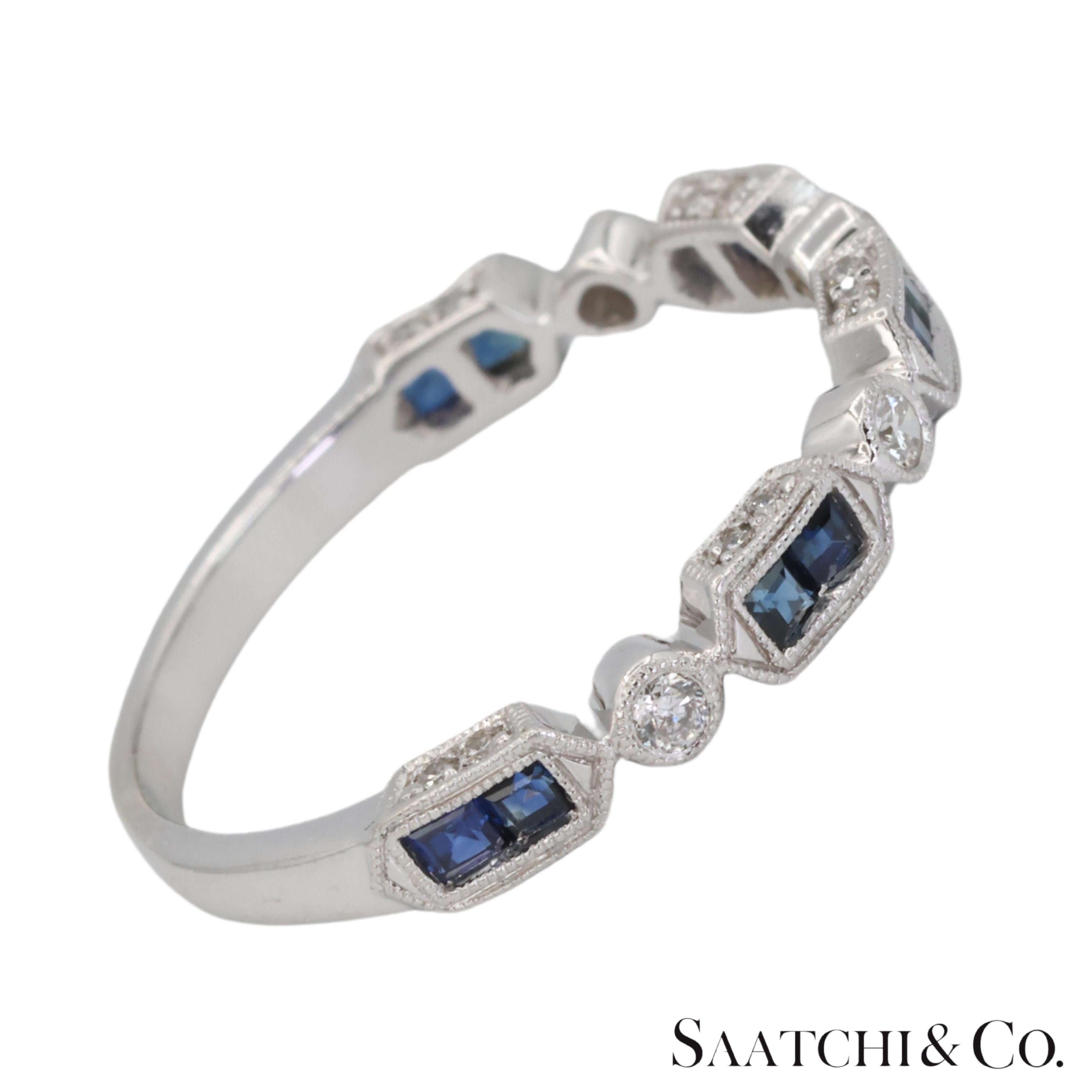 Round Cut 14k 585 White Gold Natural Diamond and Sapphire Band Size 8 For Sale