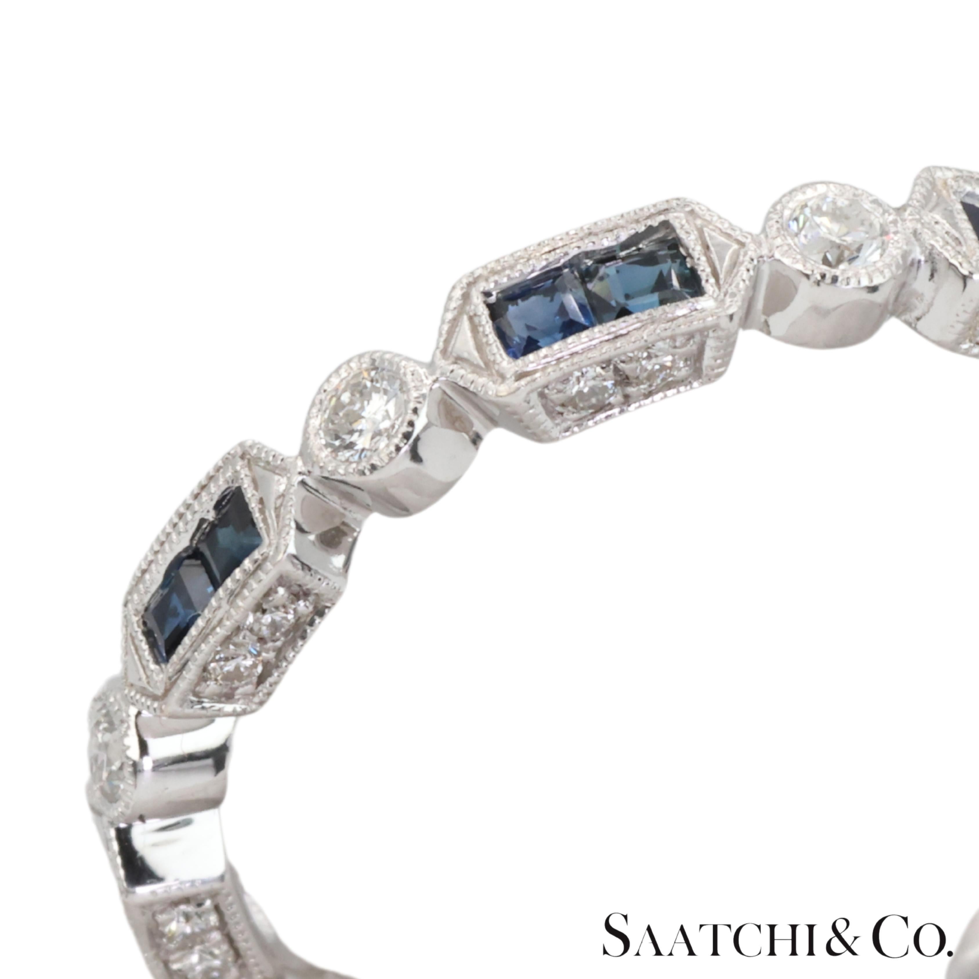 Women's or Men's 14k 585 White Gold Natural Diamond and Sapphire Band Size 8 For Sale