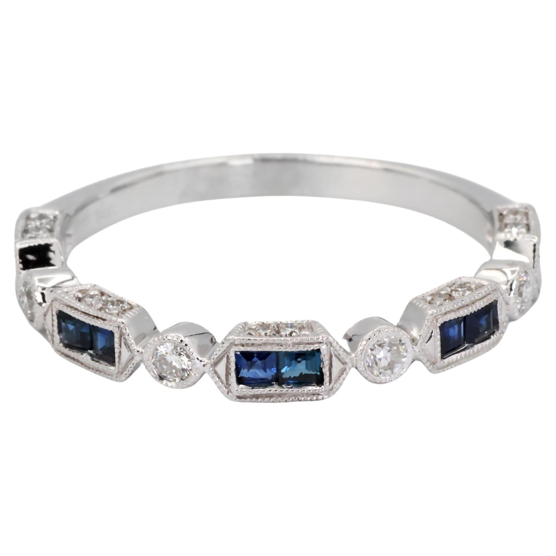 14k 585 White Gold Natural Diamond and Sapphire Band Size 8 For Sale