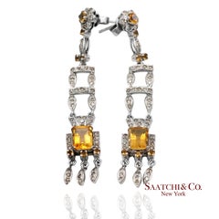 14K 585 White Gold Natural Diamond and Yellow Sapphire Pretty Teardrop Earrings
