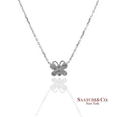 14K 585 White Gold Natural Diamond Butterfly Pendant Necklace with Chain