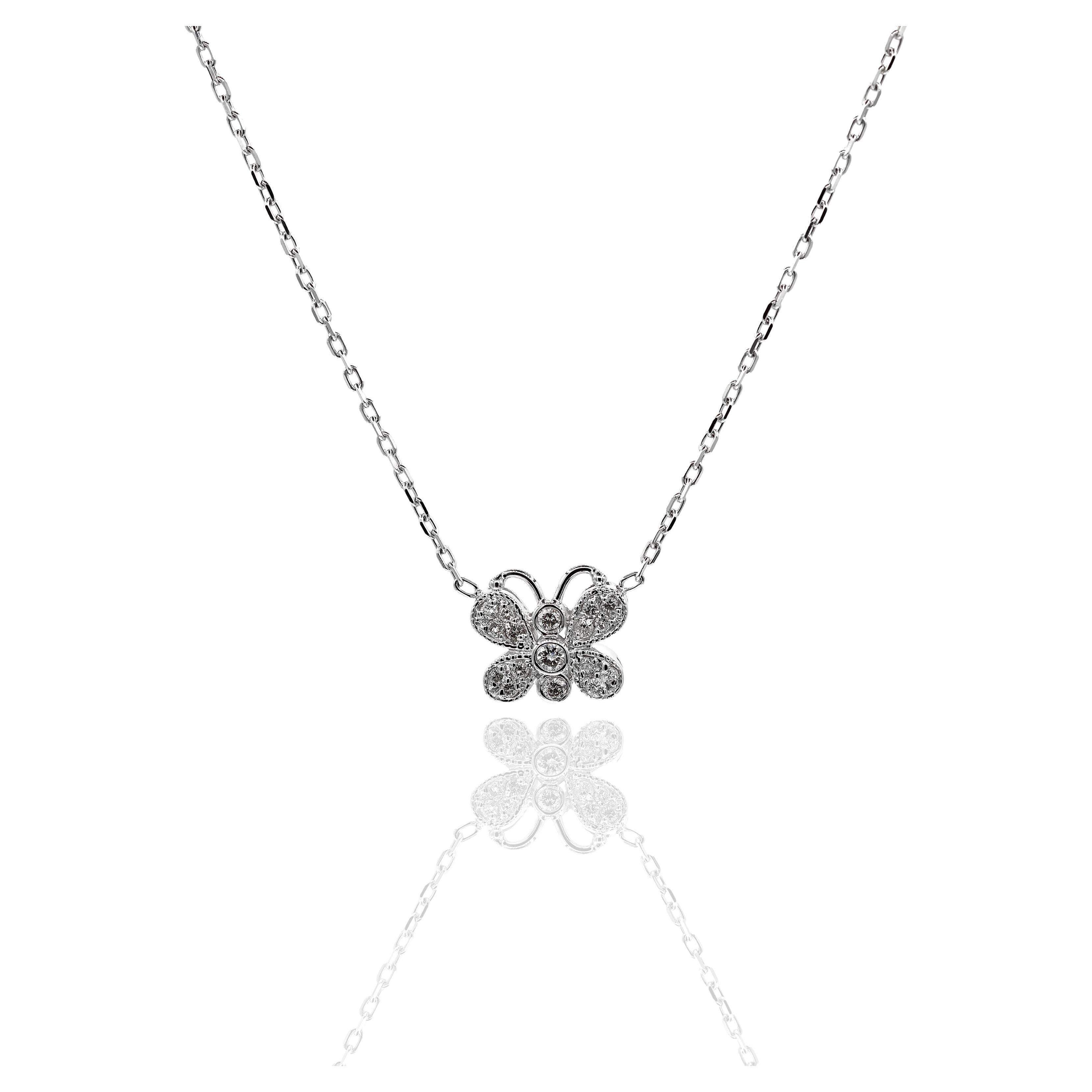 14K 585 White Gold Natural Diamond Butterfly Pendant Necklace with Chain