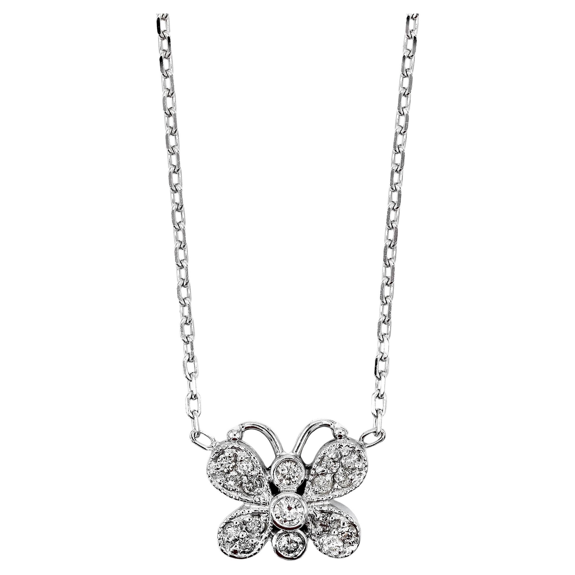 14K 585 White Gold Natural Diamond Butterfly Pendant Necklace with Chain