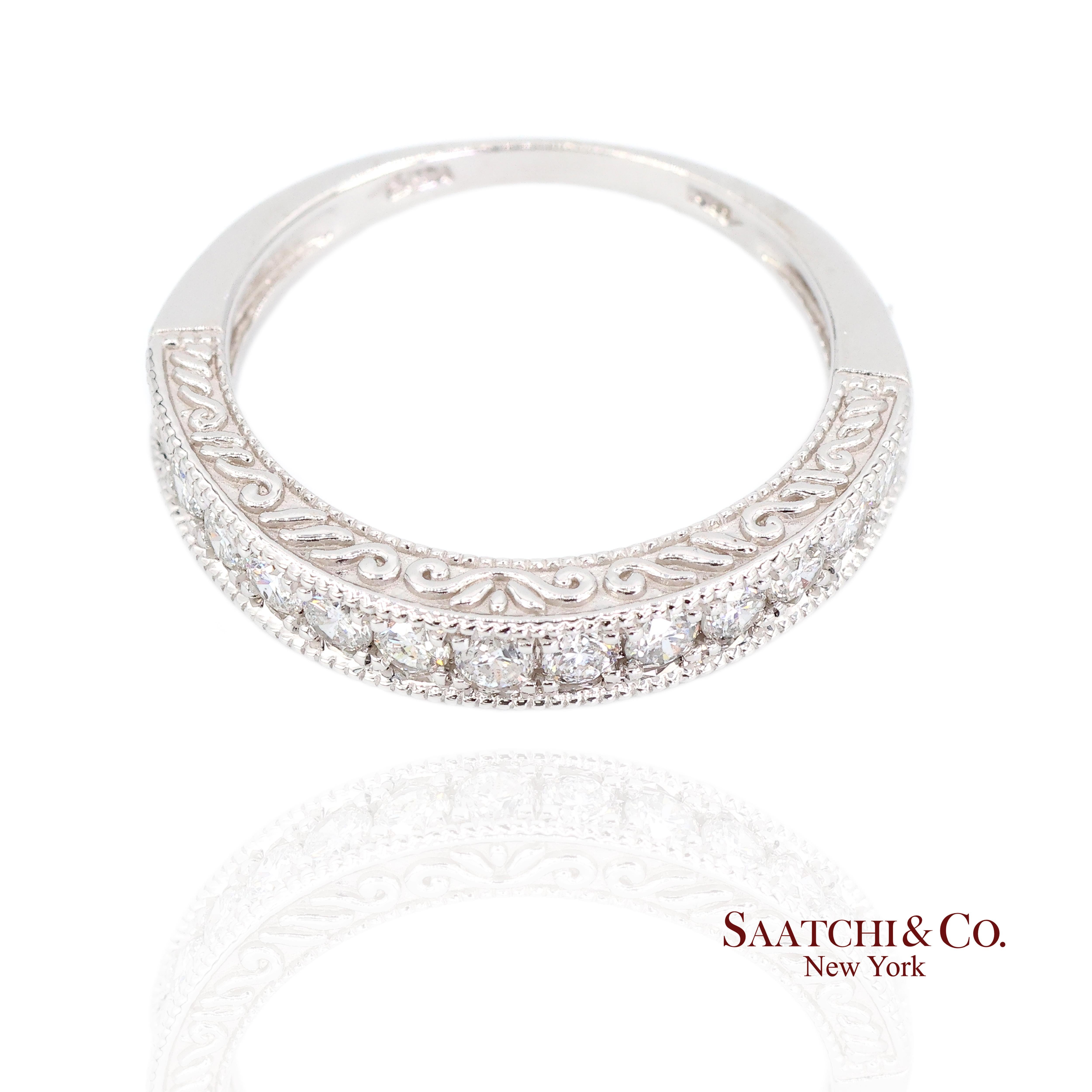 da uomo o donna Anello a fascia con diamante naturale inciso in oro bianco 14k 585 in vendita
