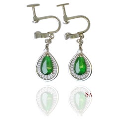 Oro bianco 14K 585 - Perla di giada naturale e diamanti: Orecchini, 5,3 grammi