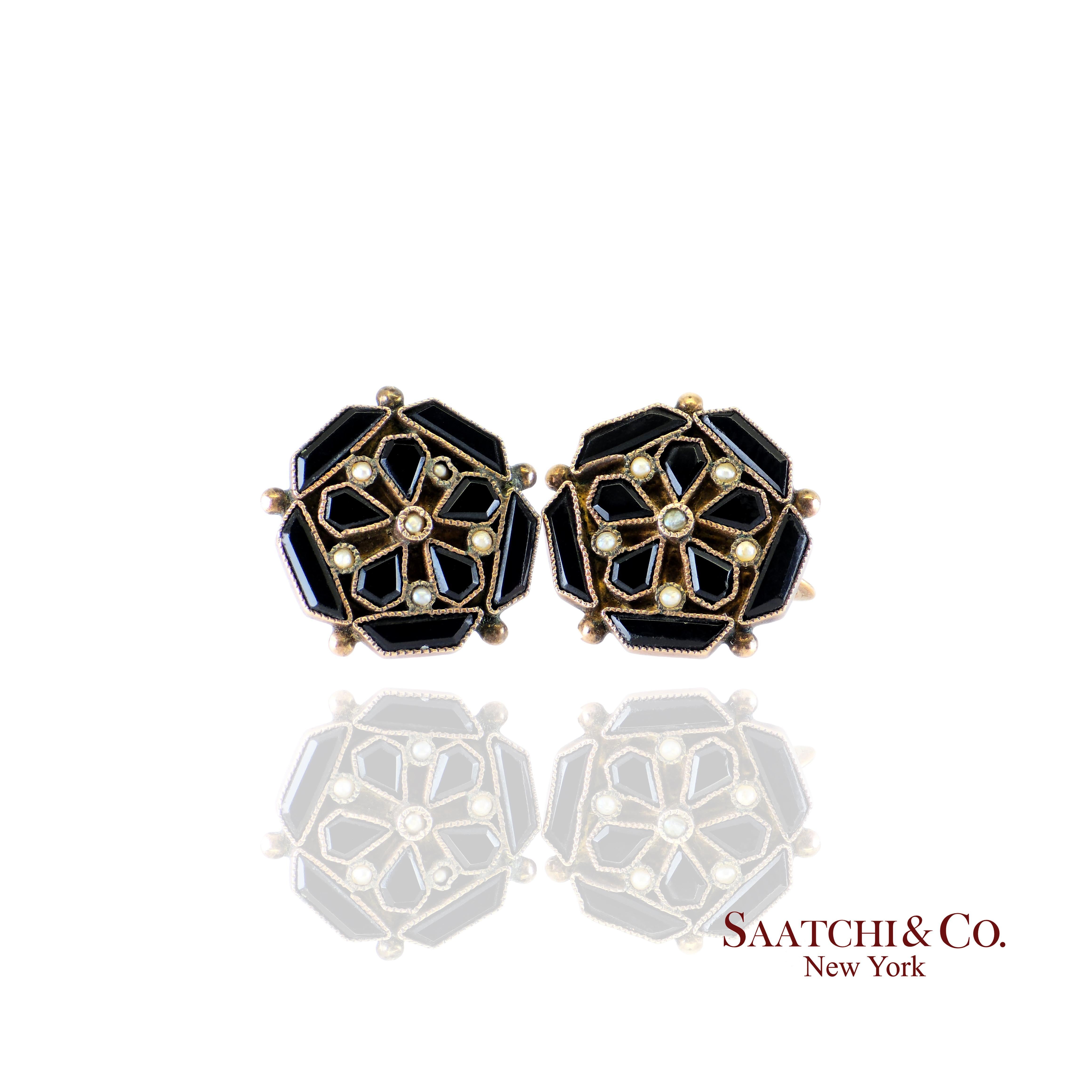 14K 585 Yellow Gold - golden Onyx Stone And  Pearl Earring, 5.1 Gram For Sale 1