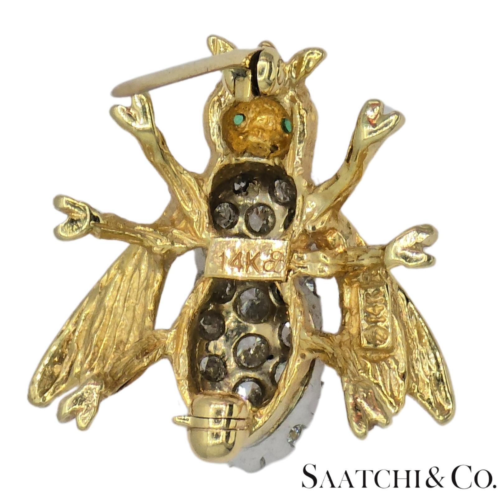 Art Deco 14k 585 Yellow Gold Natural Diamond Bee Shape Brooch/Pin For Sale
