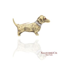 14k 585 Yellow Gold Natural Diamond Dachshund Brooch / Pin