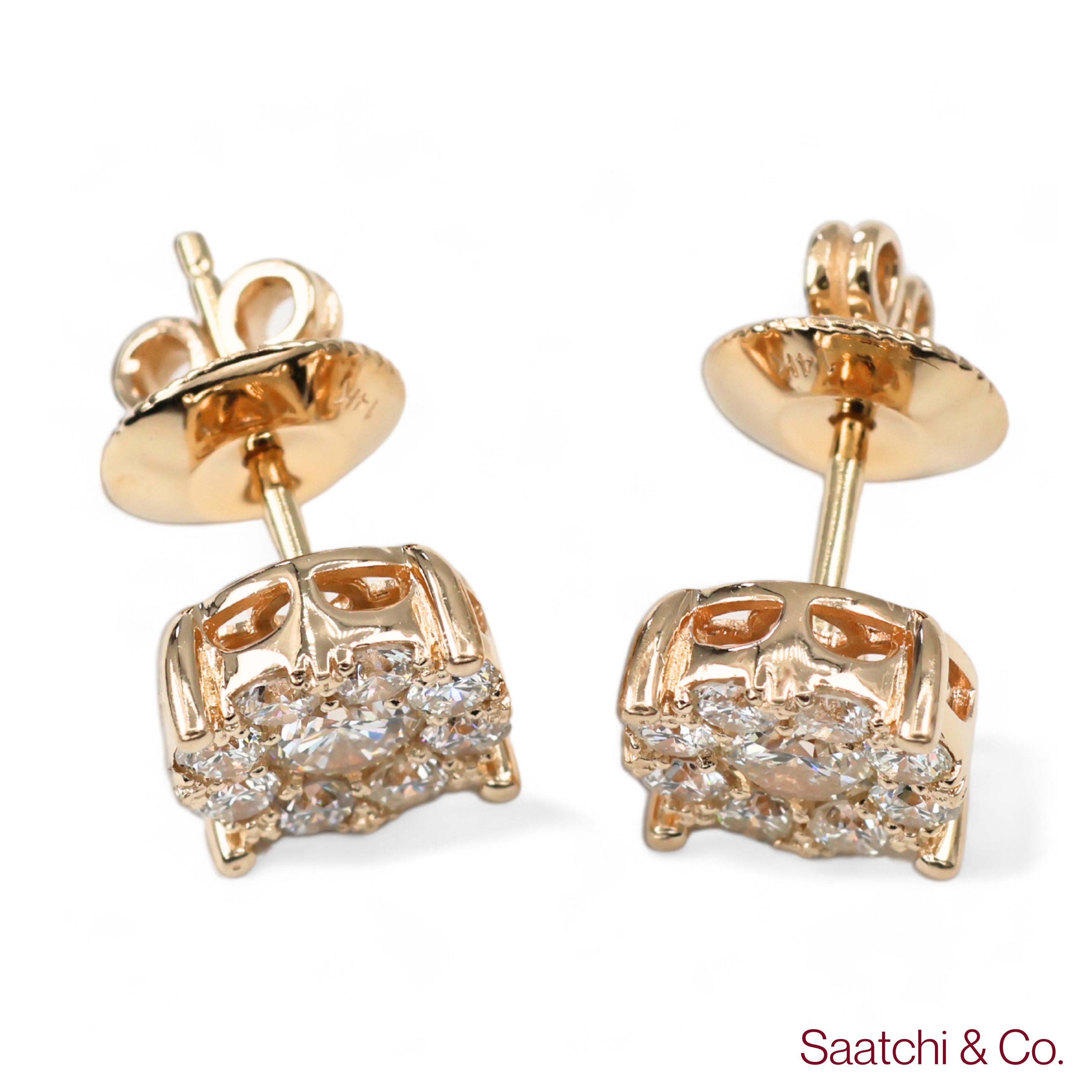 14k 585 Yellow Gold Round Cut Diamond Cluster Stud Earrings For Sale 2