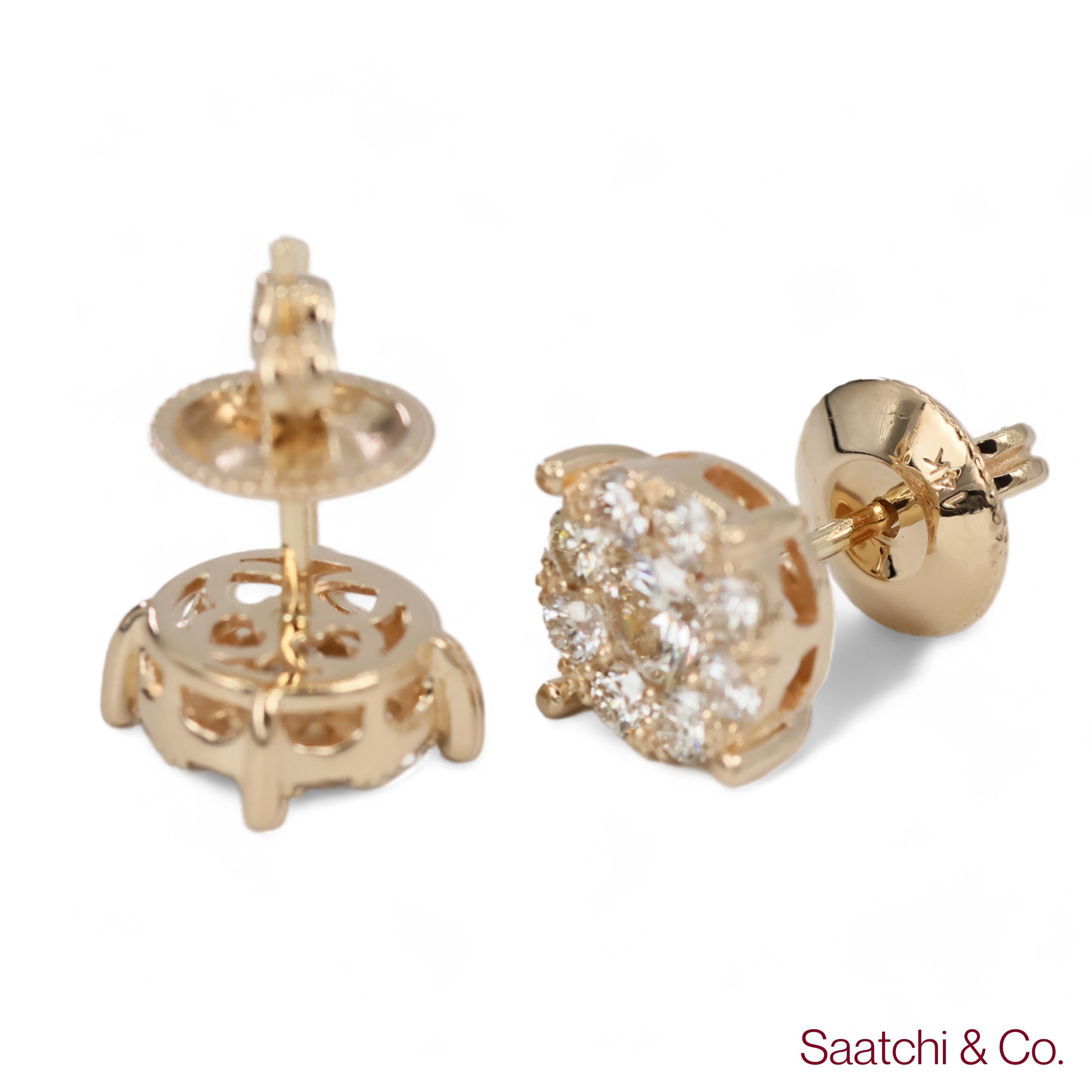 14k 585 Yellow Gold Round Cut Diamond Cluster Stud Earrings For Sale 4