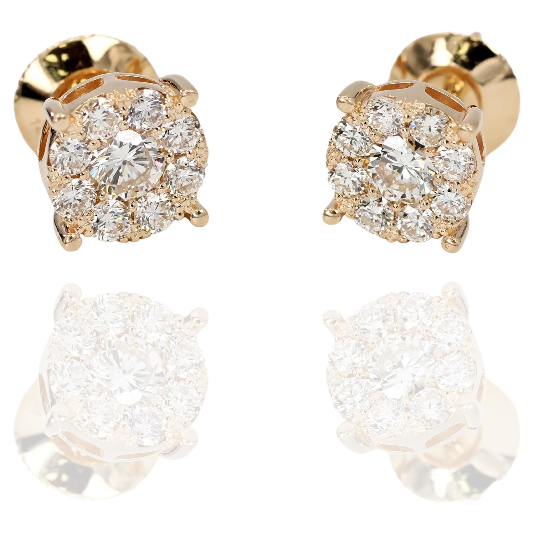 14k 585 Yellow Gold Round Cut Diamond Cluster Stud Earrings
