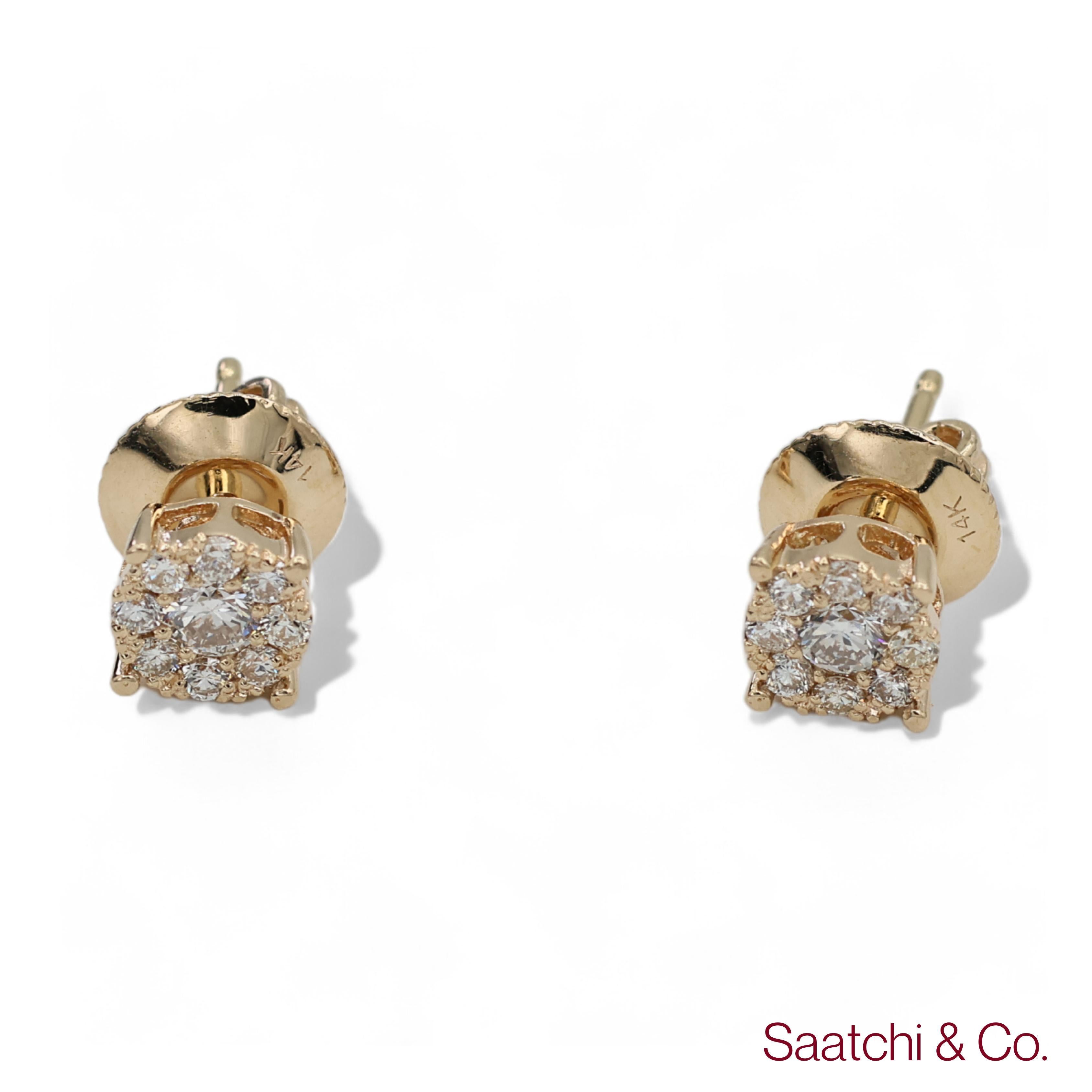 14k 585 Yellow Gold Round Cut Natural Diamond Cluster Stud Earrings For Sale 6