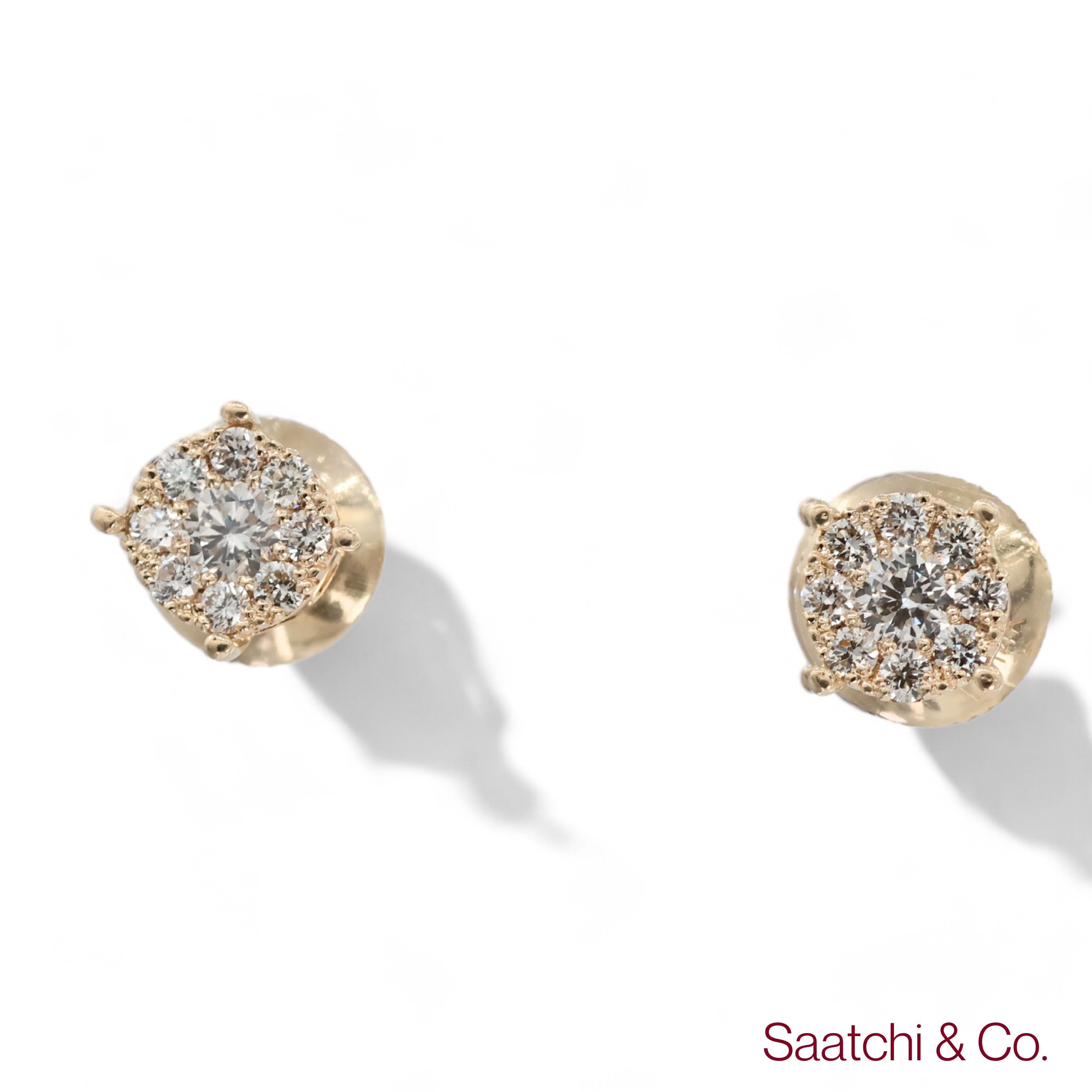 Round Cut Diamond Cluster Stud Earrings

Metal Type: 14K 585 Yellow Gold
Total Item Weight: 1.79 Grams
Closure: Pushback
1:
Natural Diamond Weight: 0.30 Ct.
Diamond Clarity Grade: VVS-VS Top Quality
Diamond Color Grade: F-G White Top Quality
Diamond
