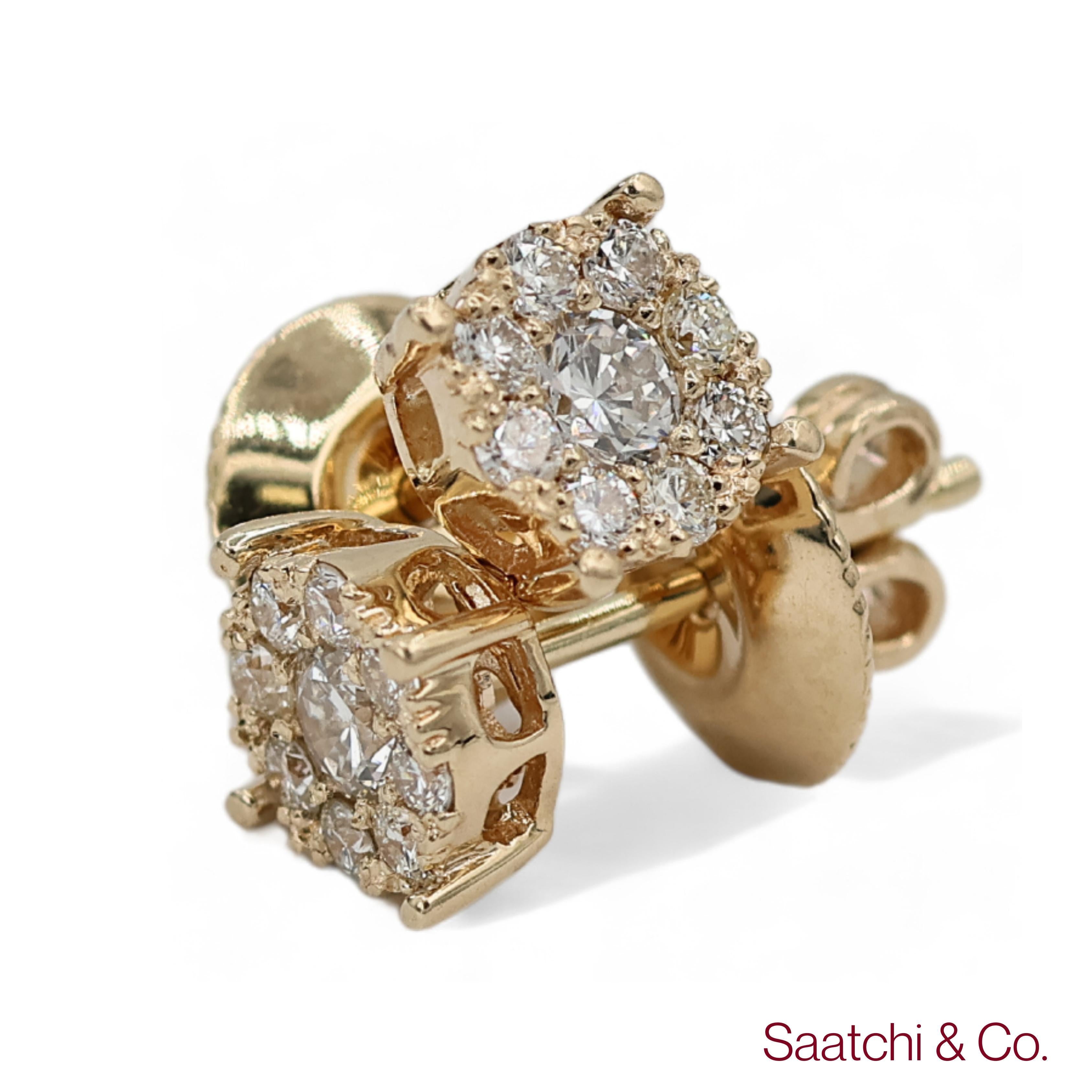 Women's 14k 585 Yellow Gold Round Cut Natural Diamond Cluster Stud Earrings For Sale