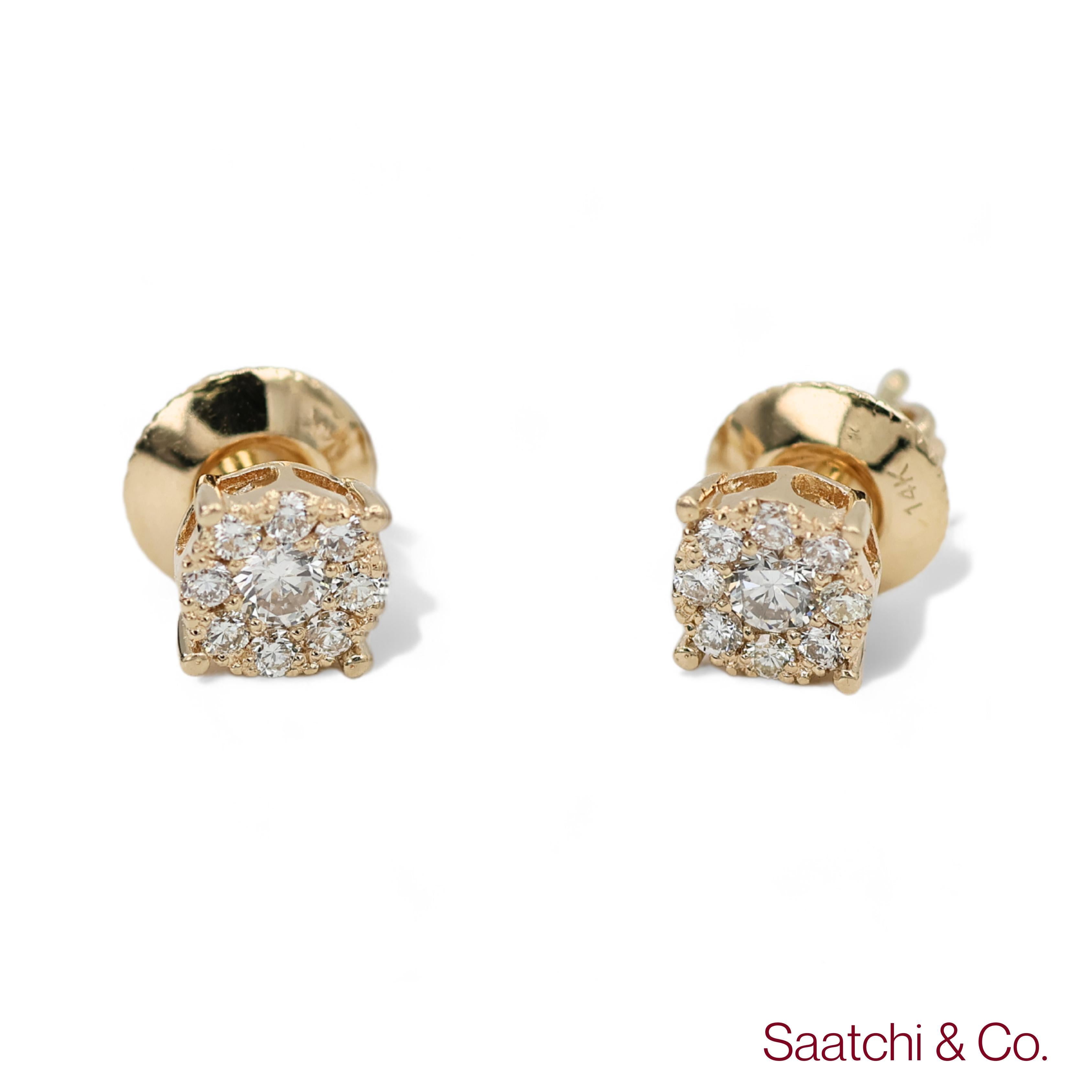 14k 585 Yellow Gold Round Cut Natural Diamond Cluster Stud Earrings For Sale 2