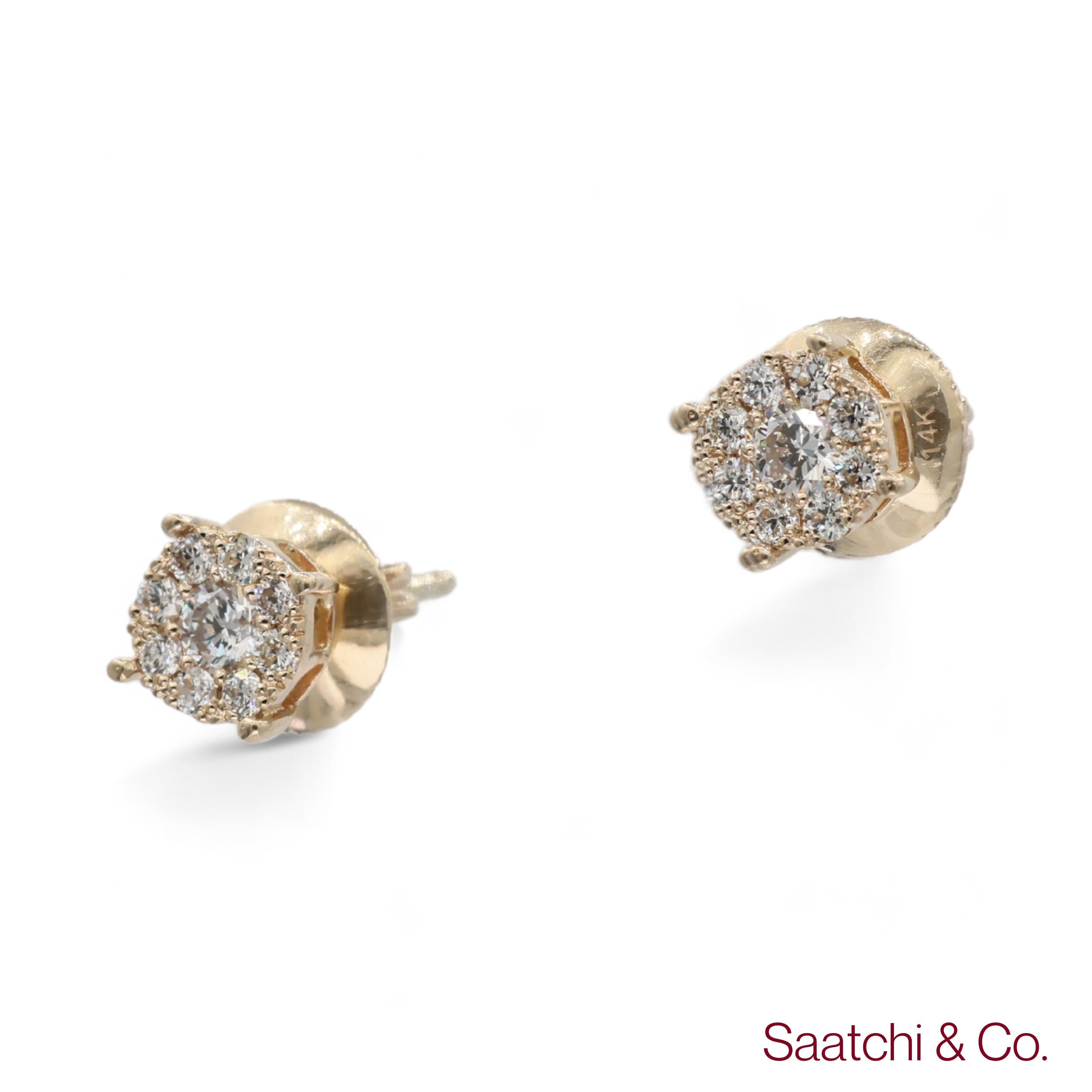 14k 585 Yellow Gold Round Cut Natural Diamond Cluster Stud Earrings For Sale 3
