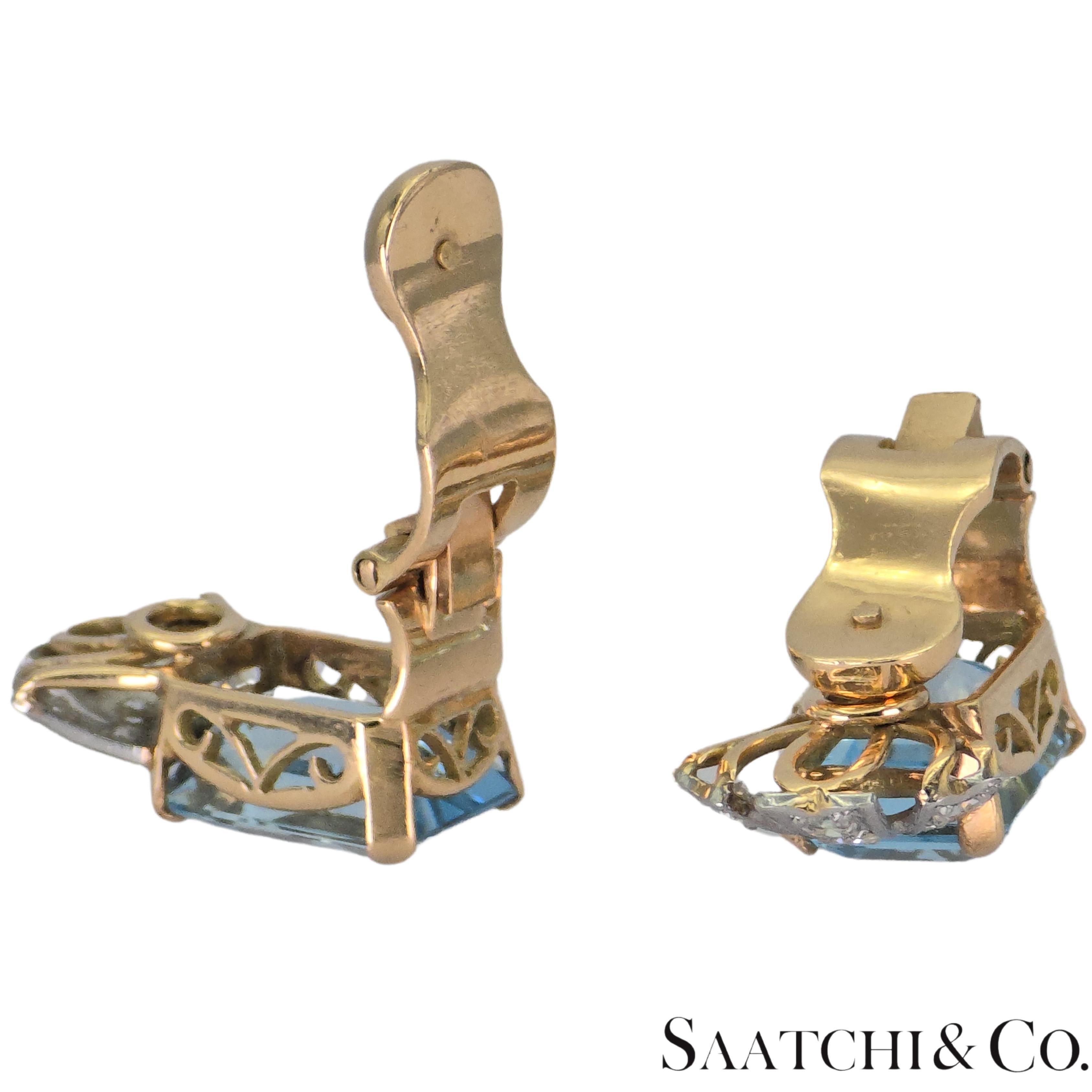 Art Deco 14k 585 Yellow Gold Vinatge Earring Natural Diamond & Aquamarine For Sale