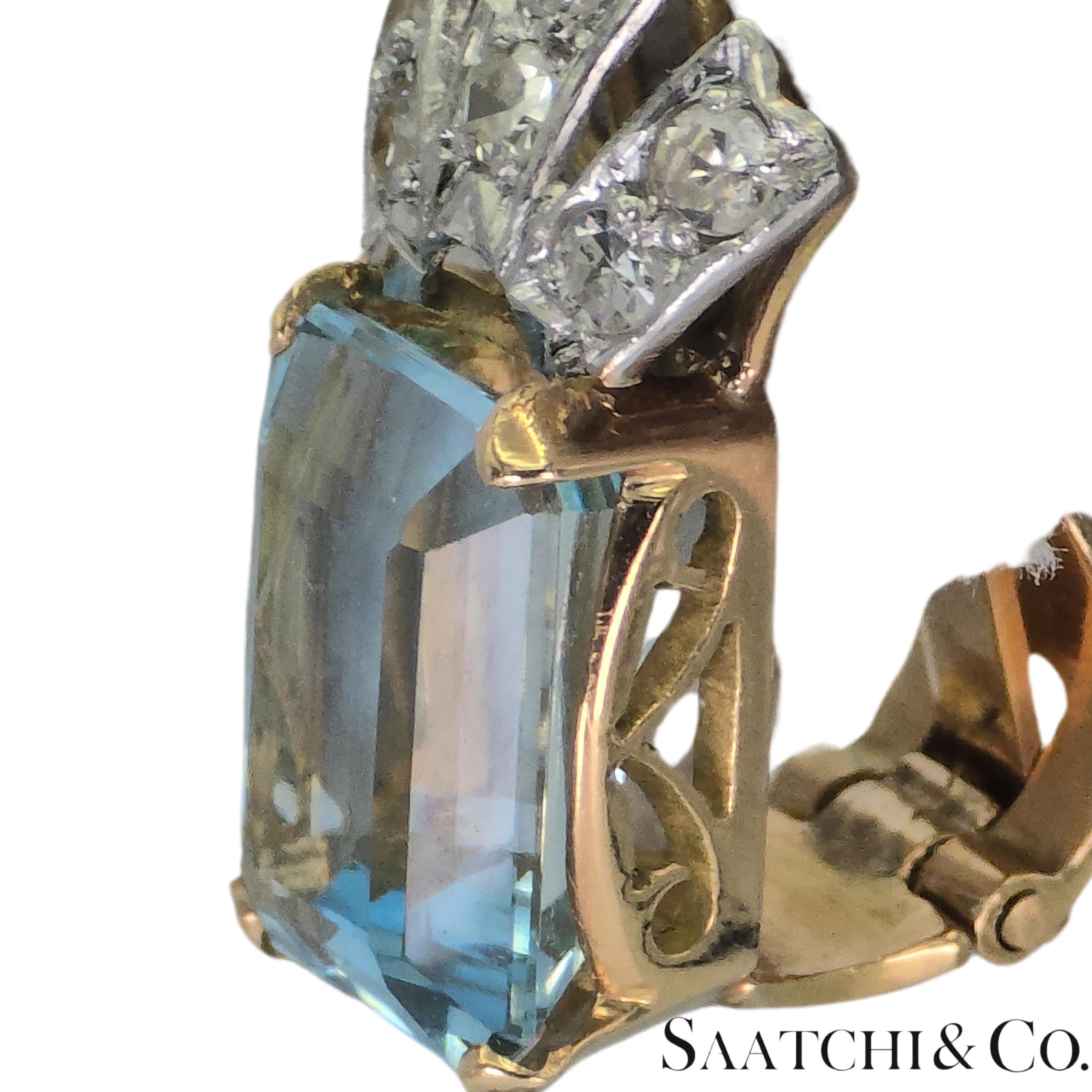 Single Cut 14k 585 Yellow Gold Vinatge Earring Natural Diamond & Aquamarine For Sale