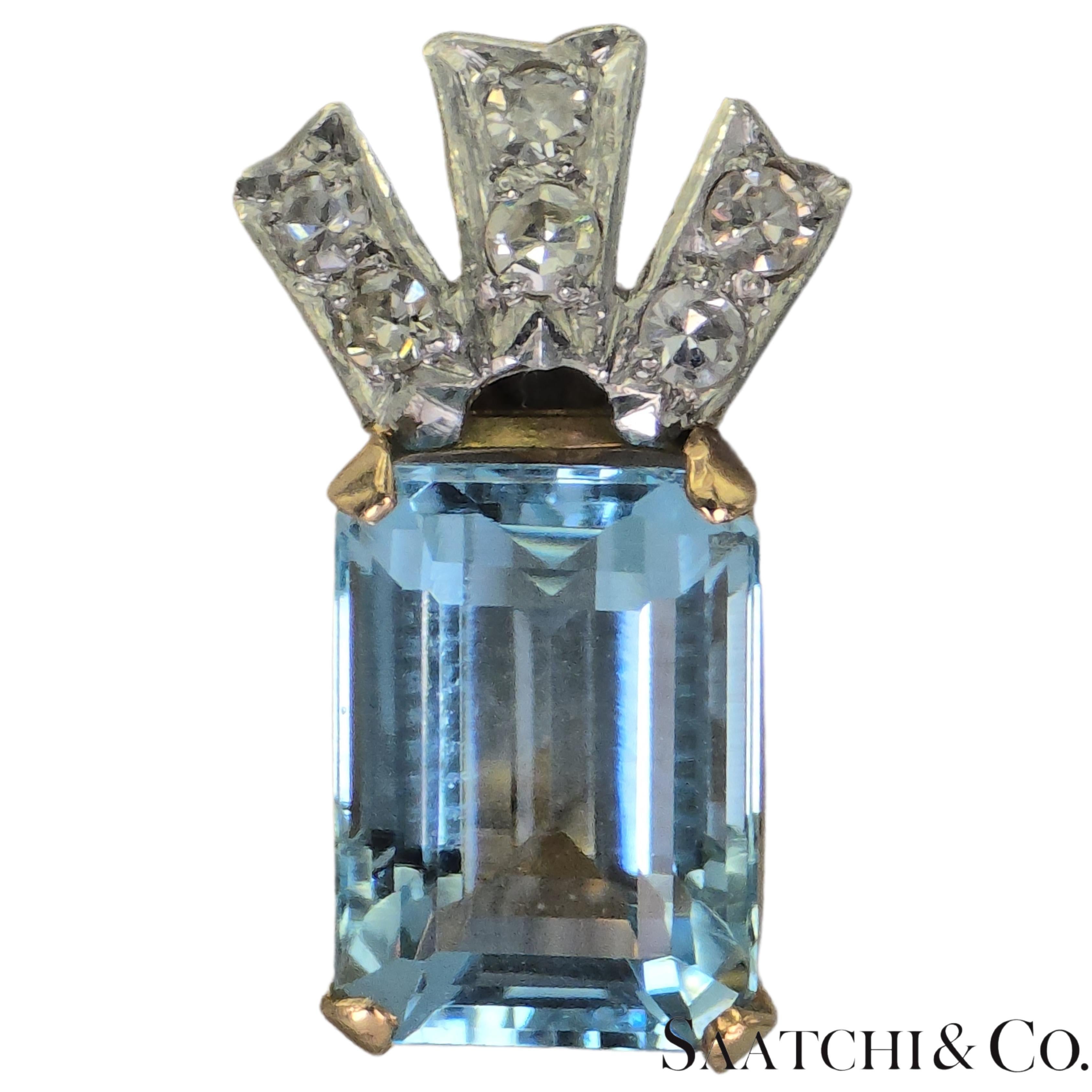 14k 585 Yellow Gold Vinatge Earring Natural Diamond & Aquamarine In Excellent Condition For Sale In New York, NY
