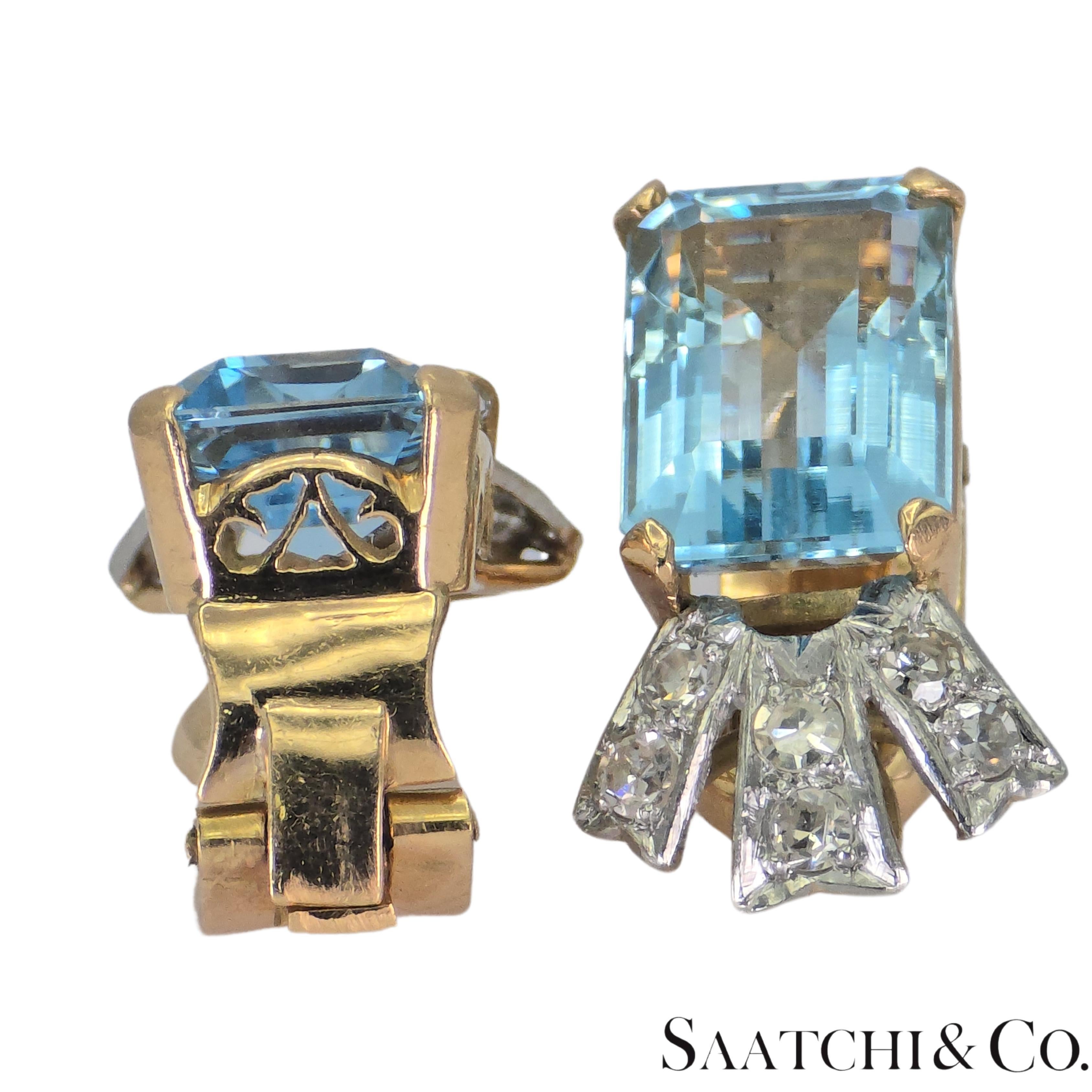Women's 14k 585 Yellow Gold Vinatge Earring Natural Diamond & Aquamarine For Sale