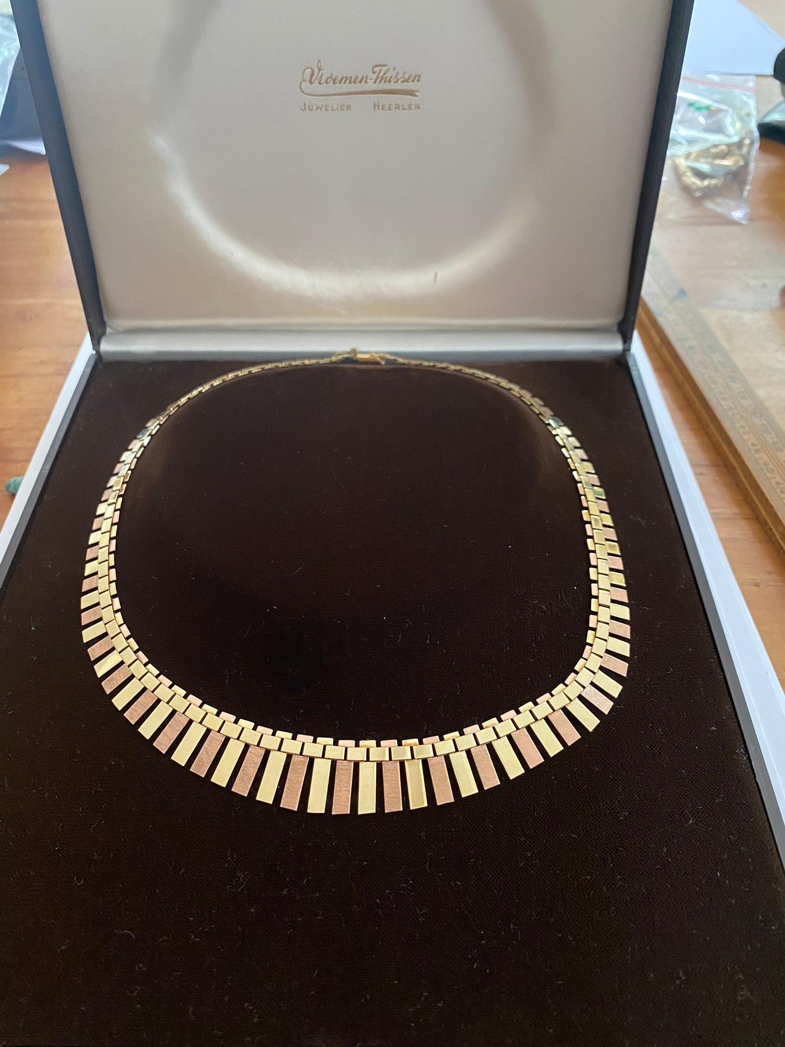 14k. (585/-) Yellow/Red Gold Bar Necklace, Vintage Germany Ca 1965 4