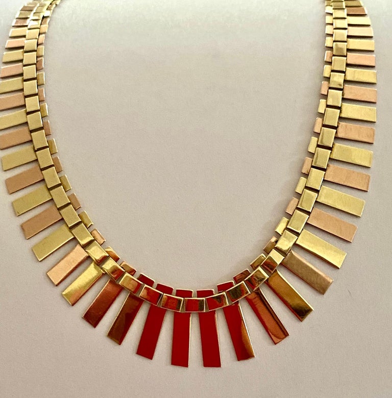14k. (585/-) Yellow/Red Gold Bar Necklace, Vintage Germany Ca 1965 In Good Condition For Sale In Heerlen, NL