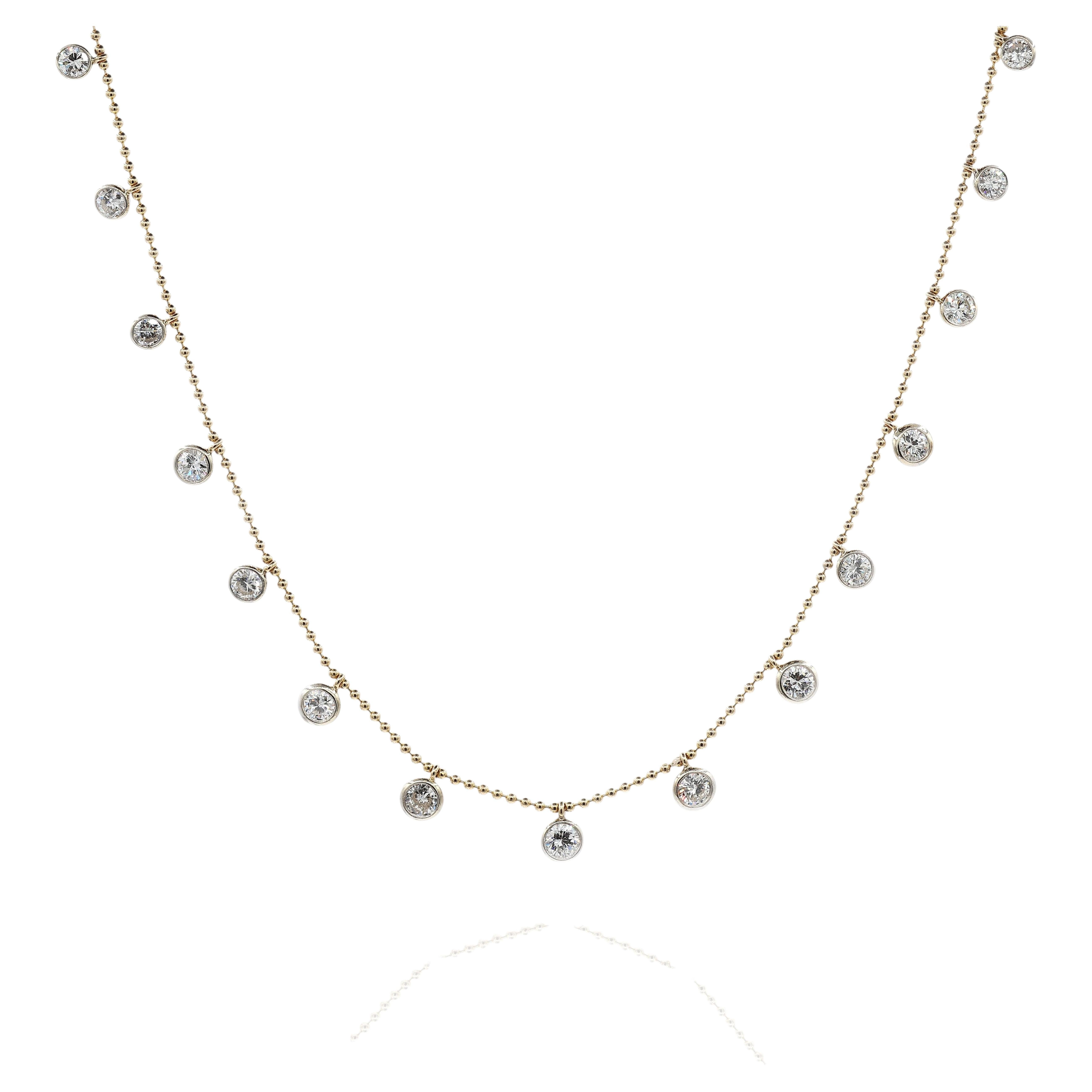 14K 585 Yellow & White Gold Natural Diamond Graduated Drop By the Yard Necklace