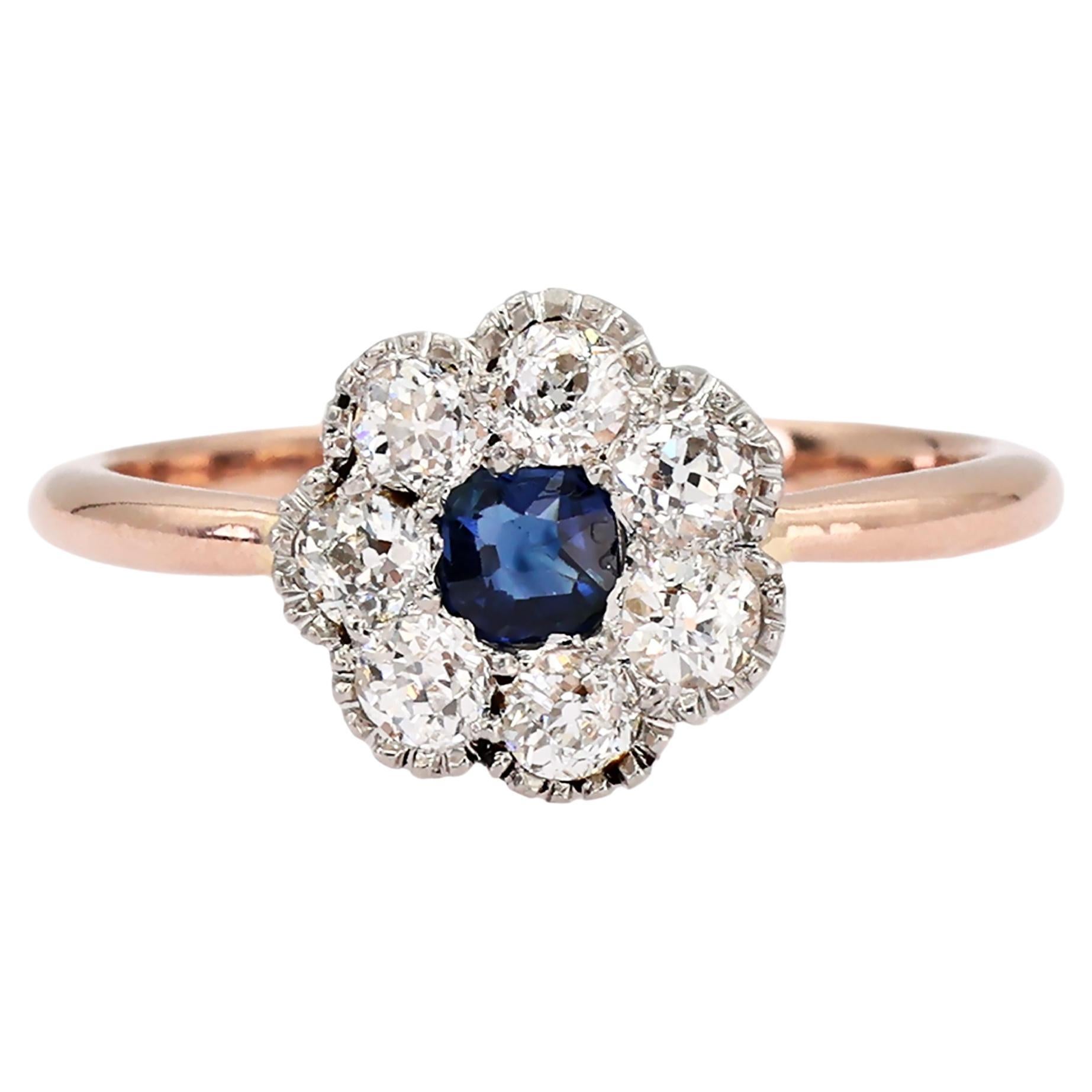 14K 585 Gelb Weiß Rose und Gold Vintage Saphir Diamant Ring im Angebot