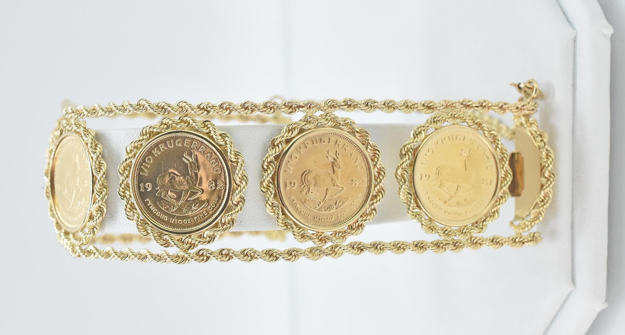 14k, 6 Coins, 1/10 Oz Kugerrand Link Bracelet In Good Condition For Sale In Toledo, OH