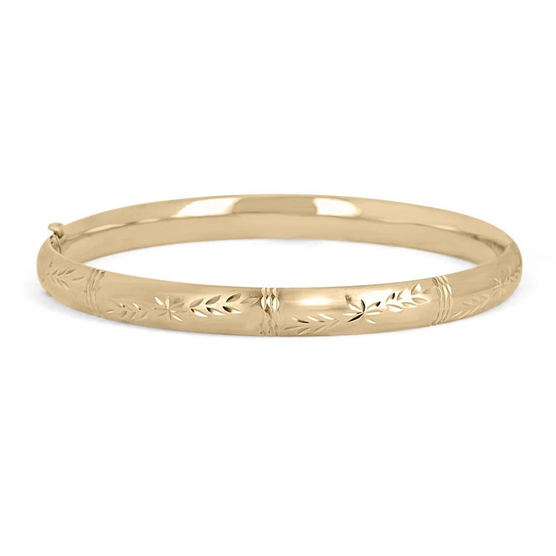 A 14K yellow gold, florentine dome classic comfort fit bangle bracelet. Weighing 9.1 grams in gold, and fits a x wrist.

Bracelet Style: Bangle
Metal Purity: 14K Yellow Gold
Gold Weight: 9.1 Grams
Wrist Circumference: -Inches
Width: 6.15